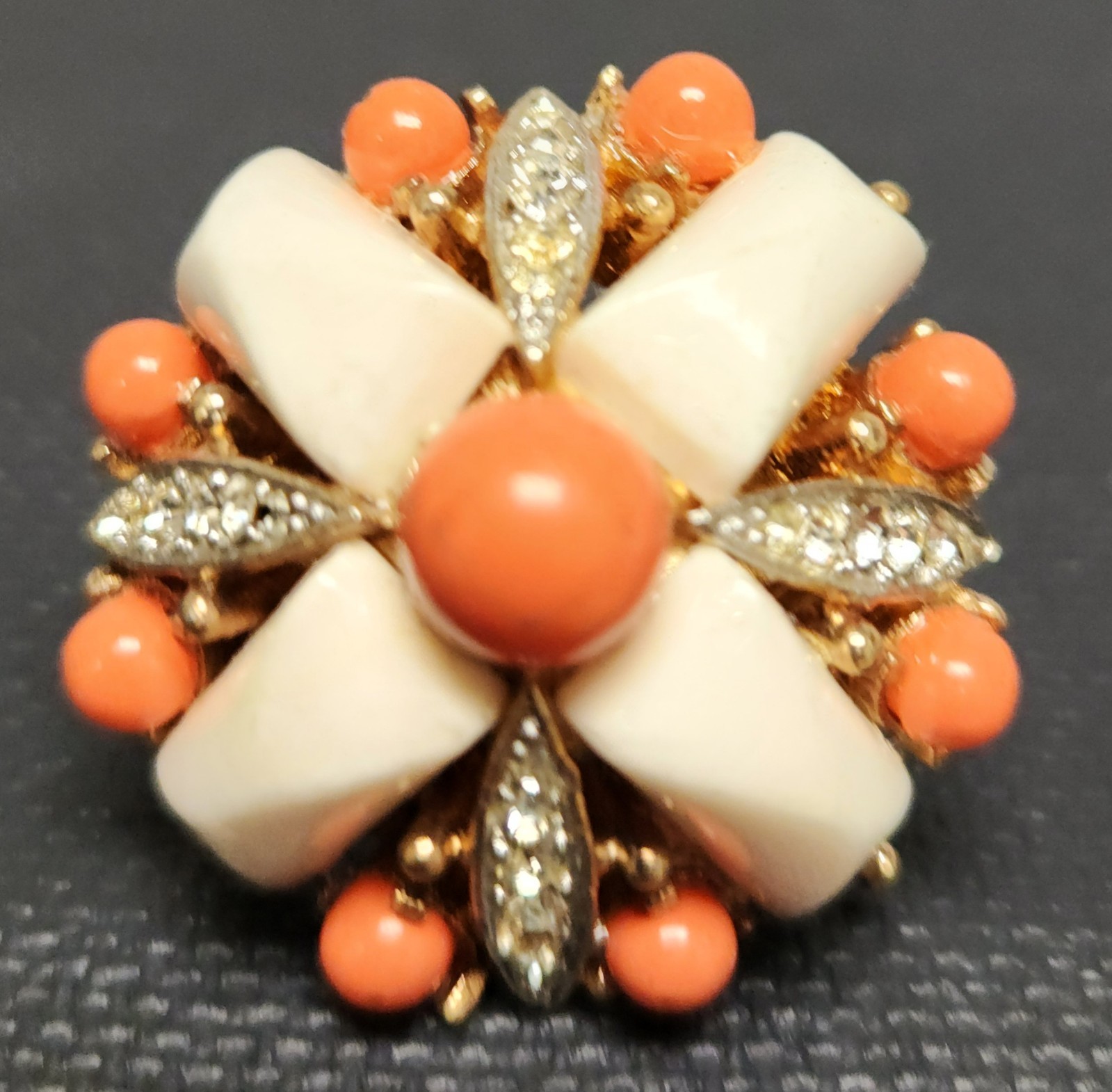 Marvella Fluted Cream & Coral Orange Color Lucite Adjustable Necklace & Ring