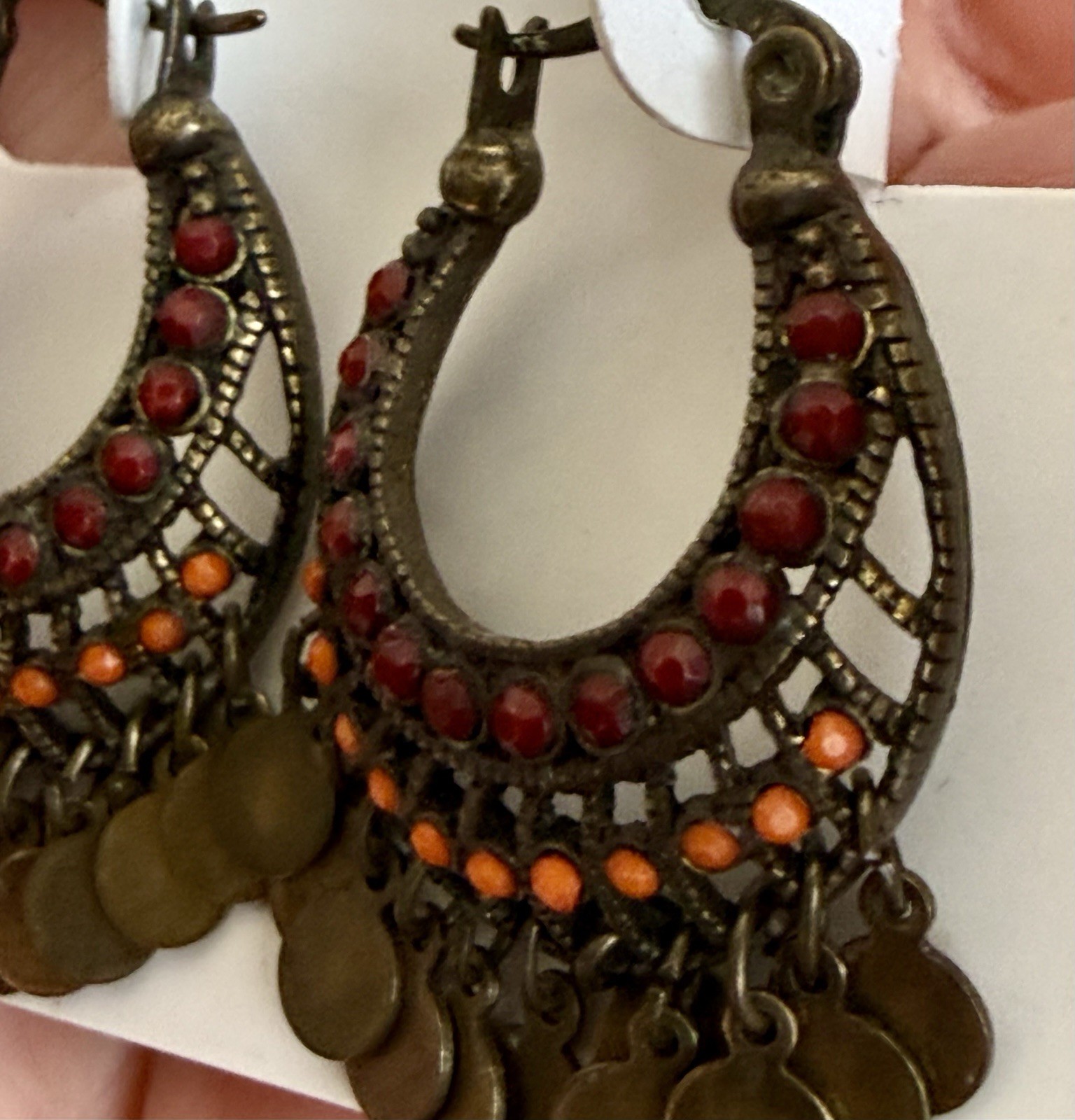 Vintage Gypsy Boho Bronze Hoop Dangle Hanging Pierced Earrings Red Orange Stones