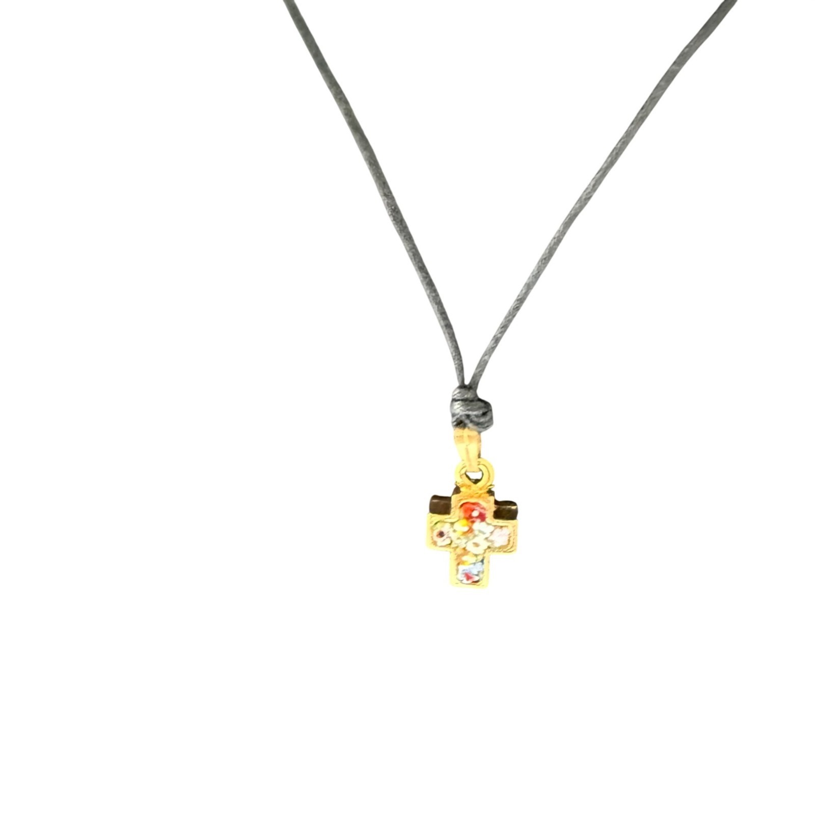 Vintage Necklace Handcrafted Italian Mosaic Cross Pendant Black Cord 22 inches