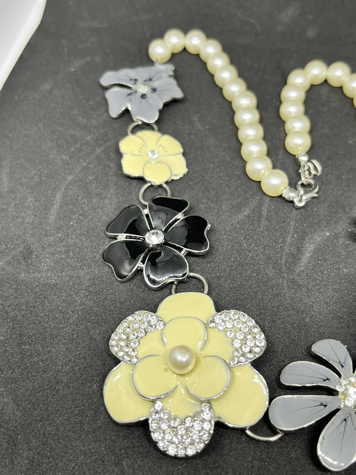 Cream And Gray Flowers With Rhinestones And Pearl Necklace