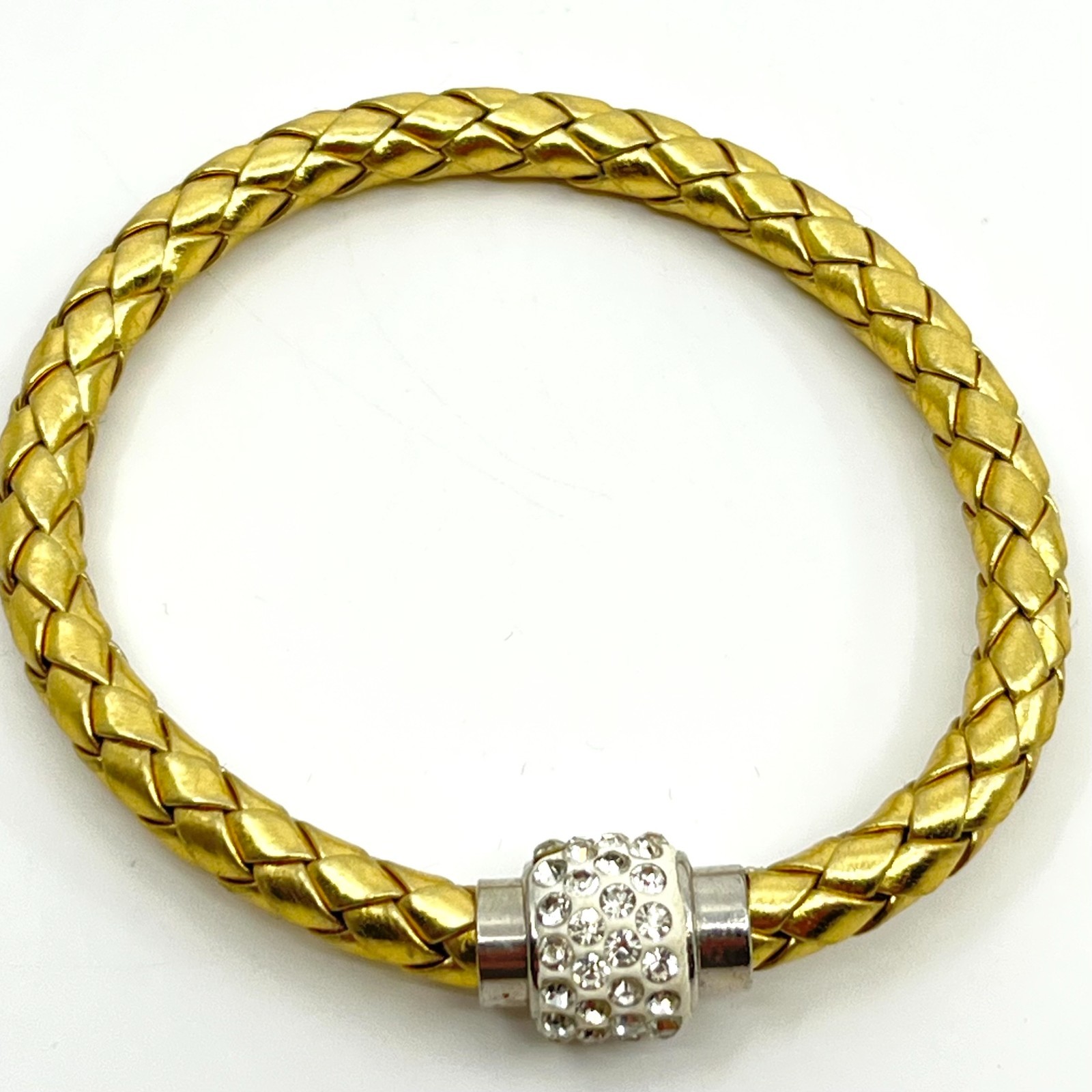 VTG Metallic Gold Tone Braided Faux Leather Bracelet Rhinestone Magnetic Clasp