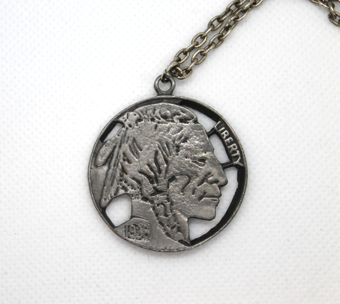 Reproduction Buffalo Nickel Cut Out Pendant Necklace, Large 1.5″ Native American