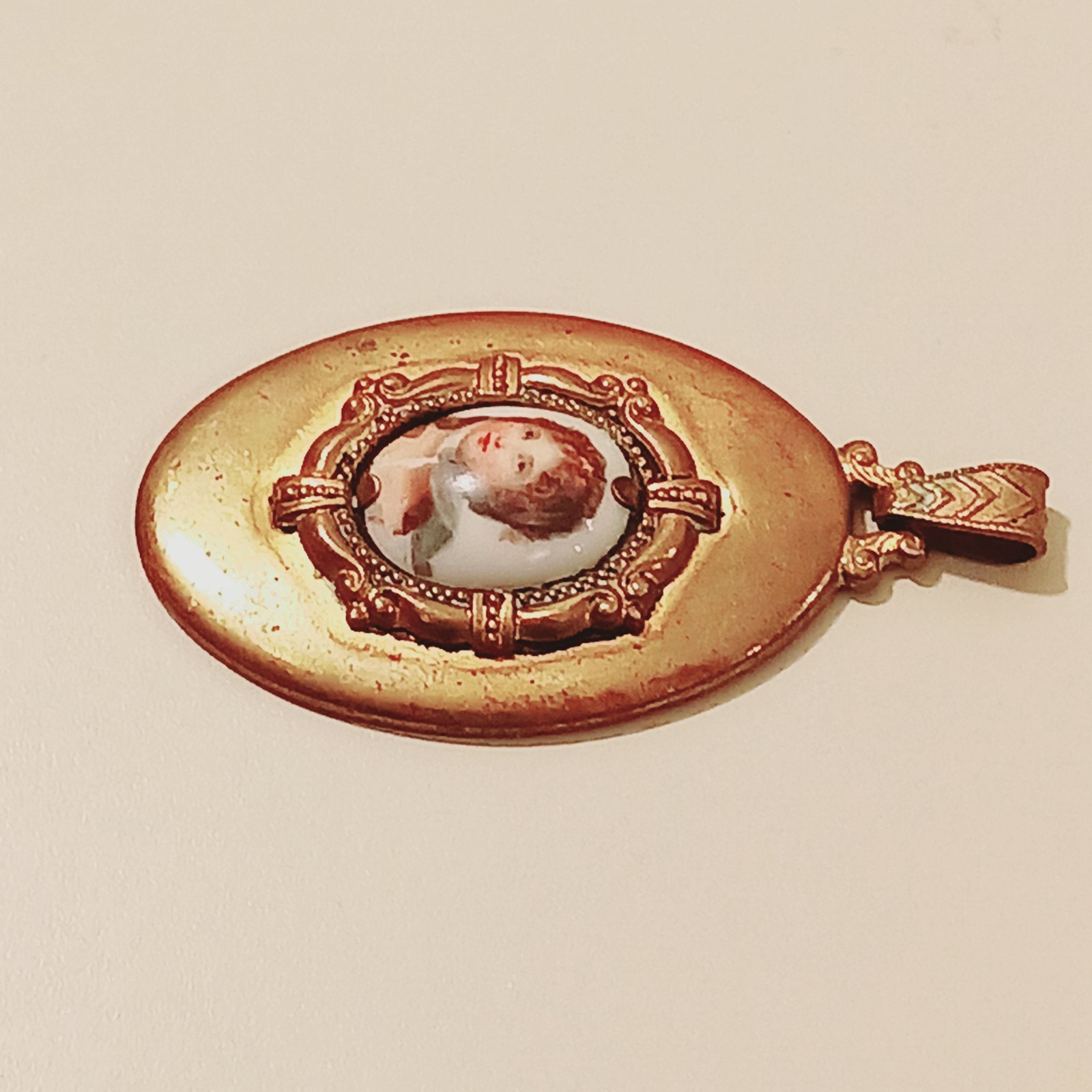 Antique Victorian Portrait Pendant Oval Gold Tone Jewelry Child Fine Art Estate