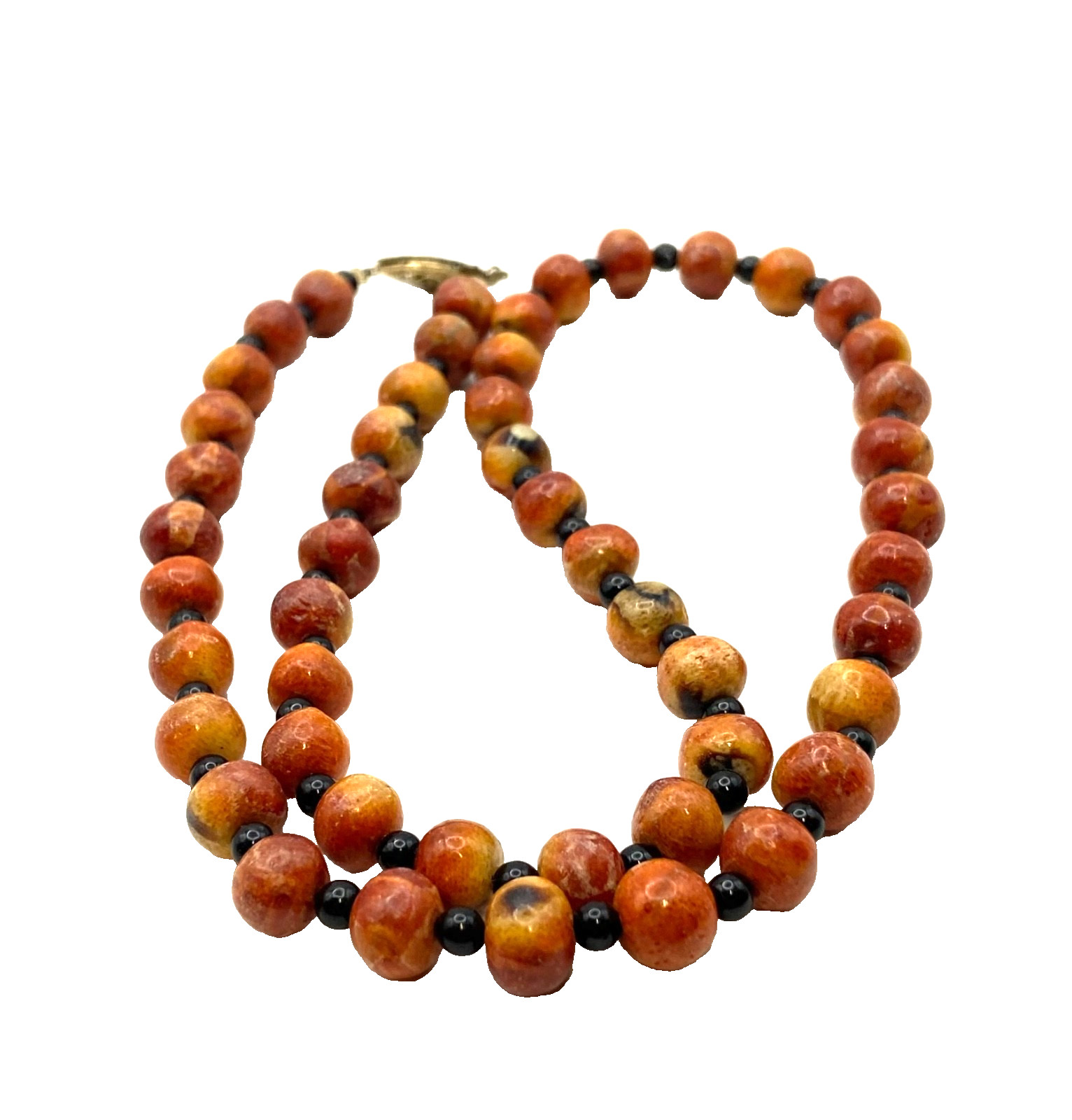 Vintage Apple Sponge Coral Red/Orange Beaded Necklace Black Agate? Gold Tone 24″
