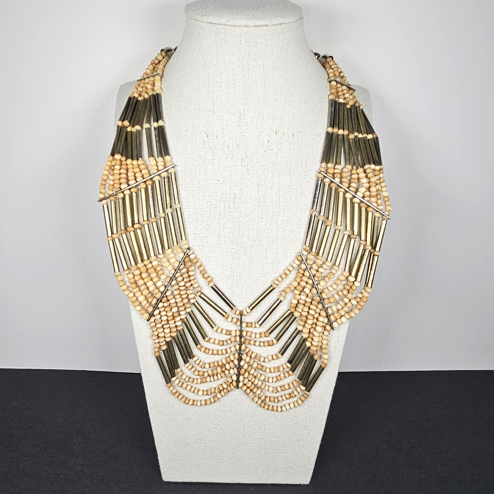 BOHO Tribal Multistrand Necklace Bead and Brass Silver Tone Chain & Clasp 21″