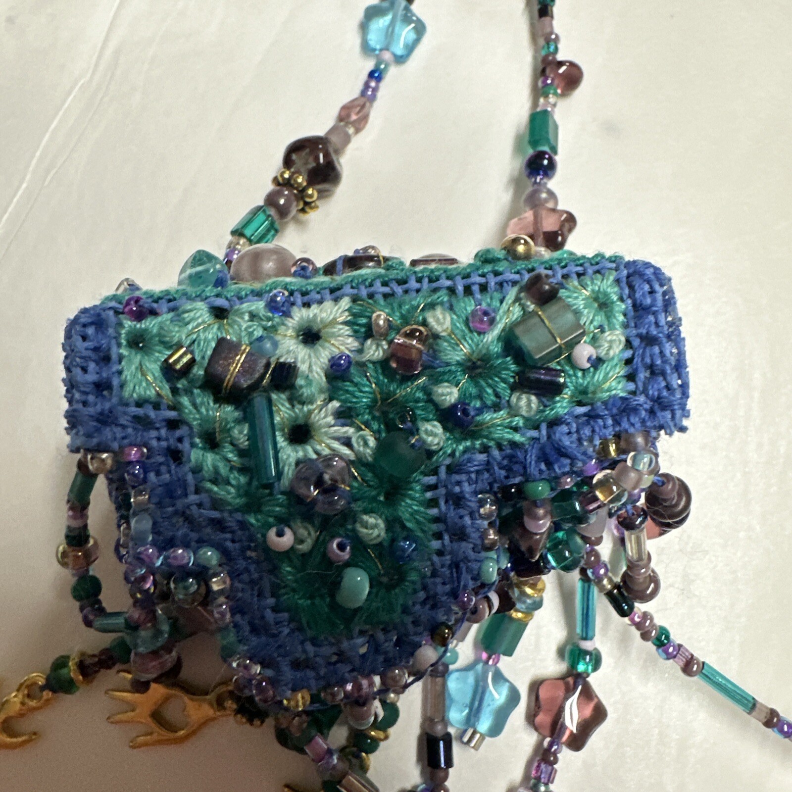 Vintage Handmade Blue Seed Bead Purse Necklace With Beaded Fringe-Bo Ho-Hippie