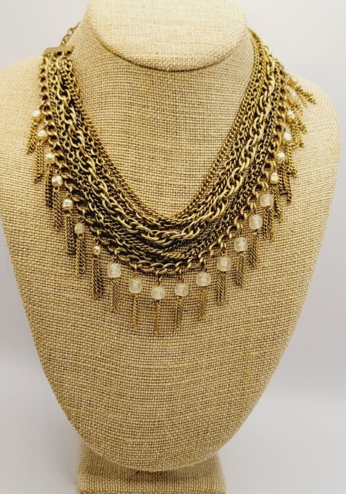 Fringe Necklace Vintage 8 Layers Layered Gold tone Multichain Beaded 16.5″