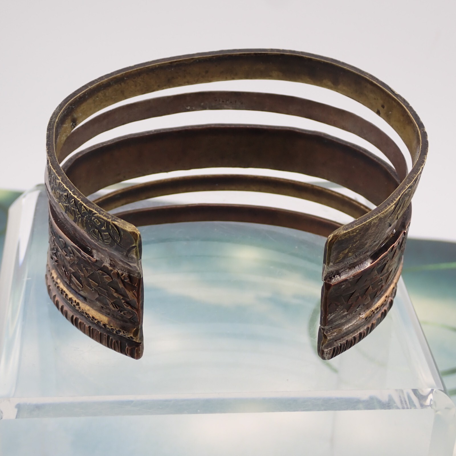 VTG Mixed Metal Sterling Silver 5 Row 7″ Hammered Stamped Textured Cuff Bracelet