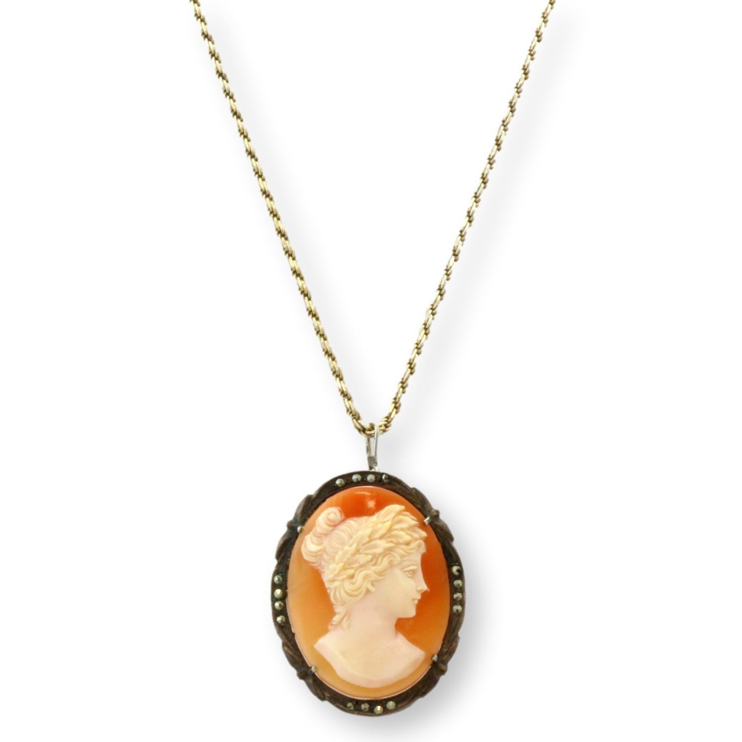 Carved Shell Cameo & Marcasite 800 Silver Pendant Brooch & Chain