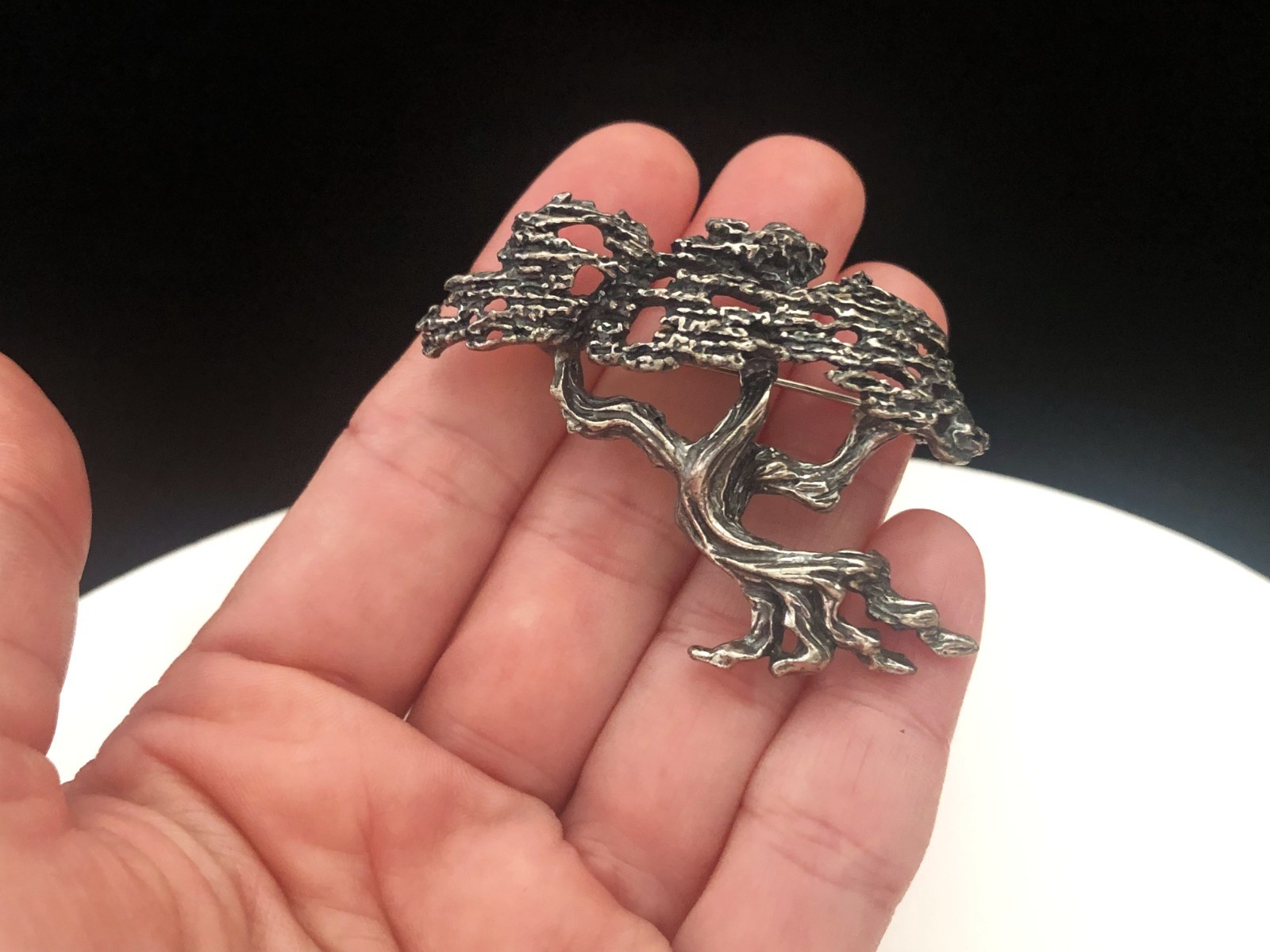 Vintage Signed ZENTALL Silver Tone Monterey Cypress Bonsai Tree Brooch Pin