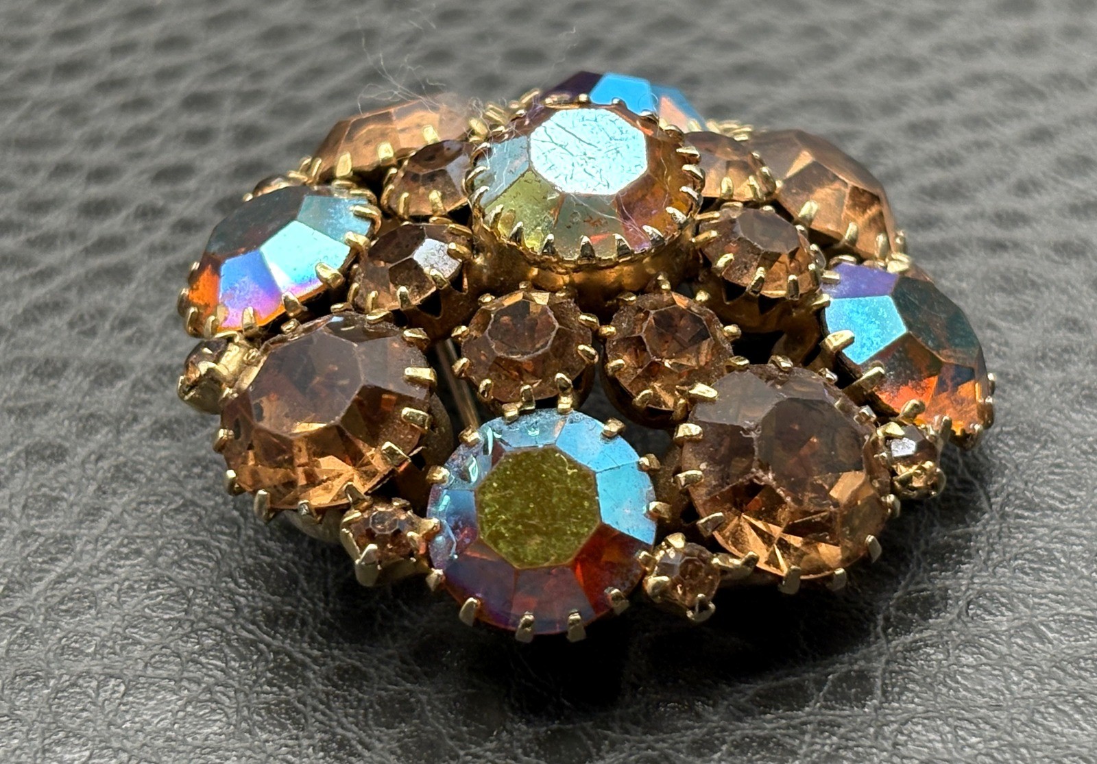 Weiss Vintage Peach Brown AB Aurora Borealis Rhinestone Domed Brooch Pin