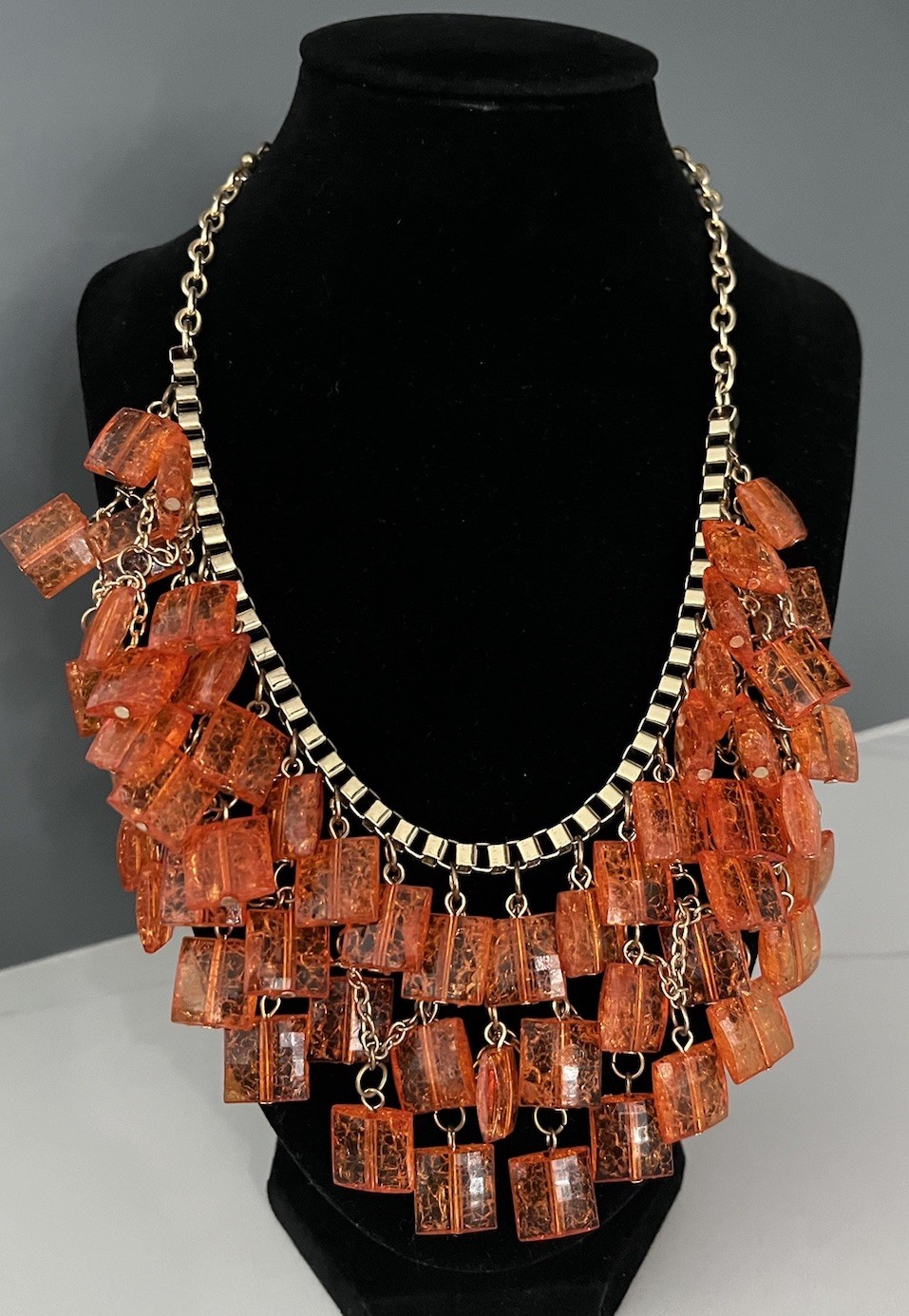 Vintage Orange Beaded Layered Bib Necklace Boho Retro
