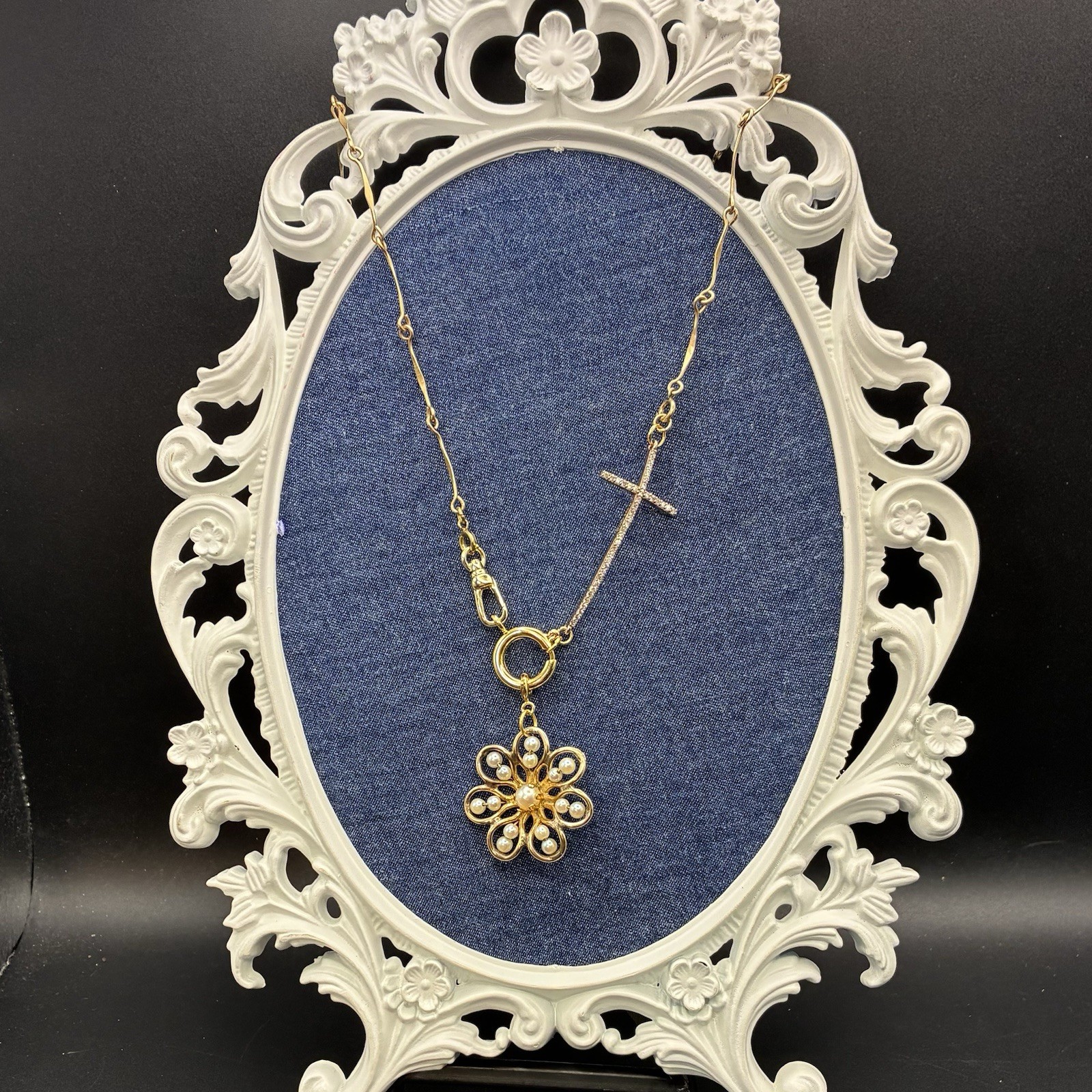 Vintage 12k Gold Filled Pocket Watch Chain FOB, Dog Clip, Cross & Pearl Charms
