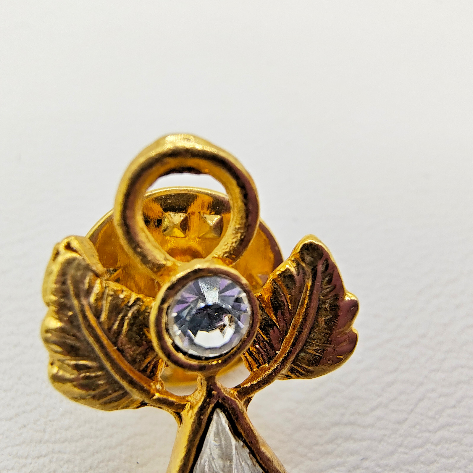 Vintage Guardian Angel Lapel Pin Gold Tone Clear Rhinestone Religious Icon 1/2″