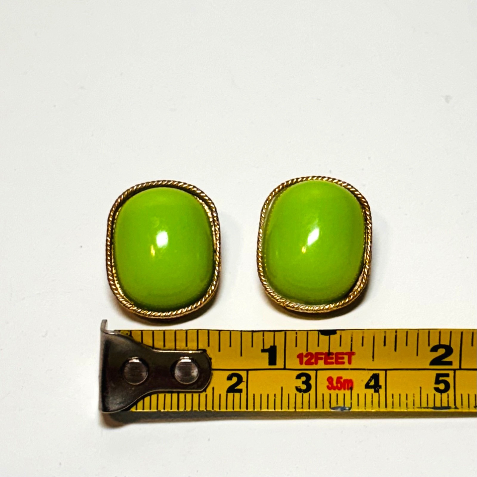 MARVELLA earrings lime green cabochon block ovals goldtone metal clip on vintage