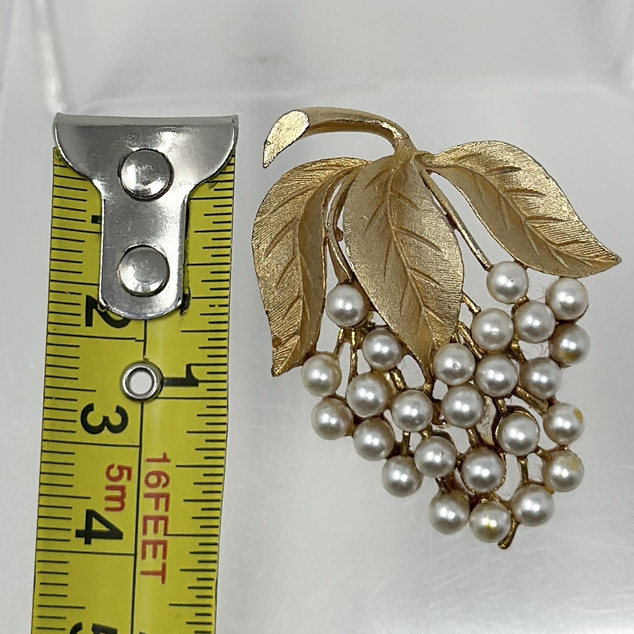 Vintage Gold Tone Bunch Of Grapes Brooch Faux Pearl Cluster Textured Elegant Pin