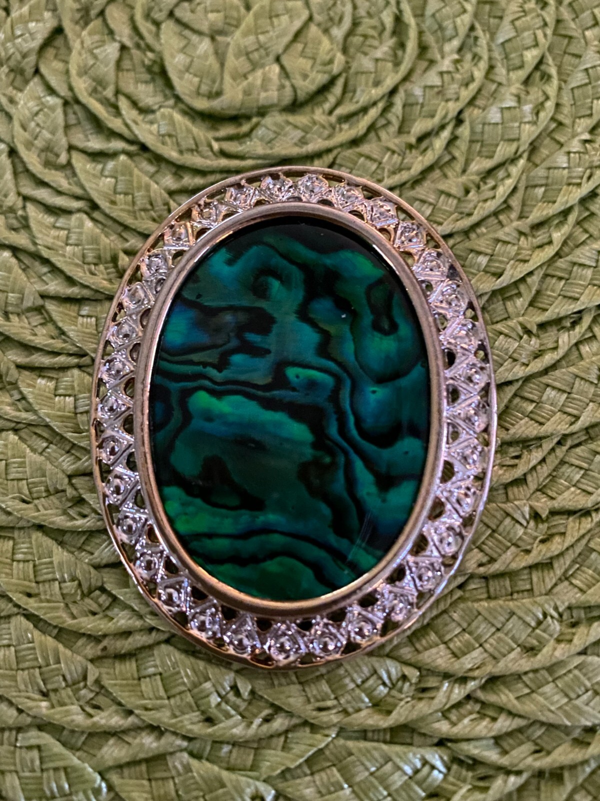 Oval Paua Shell Brooch In Silver Filigree Frame