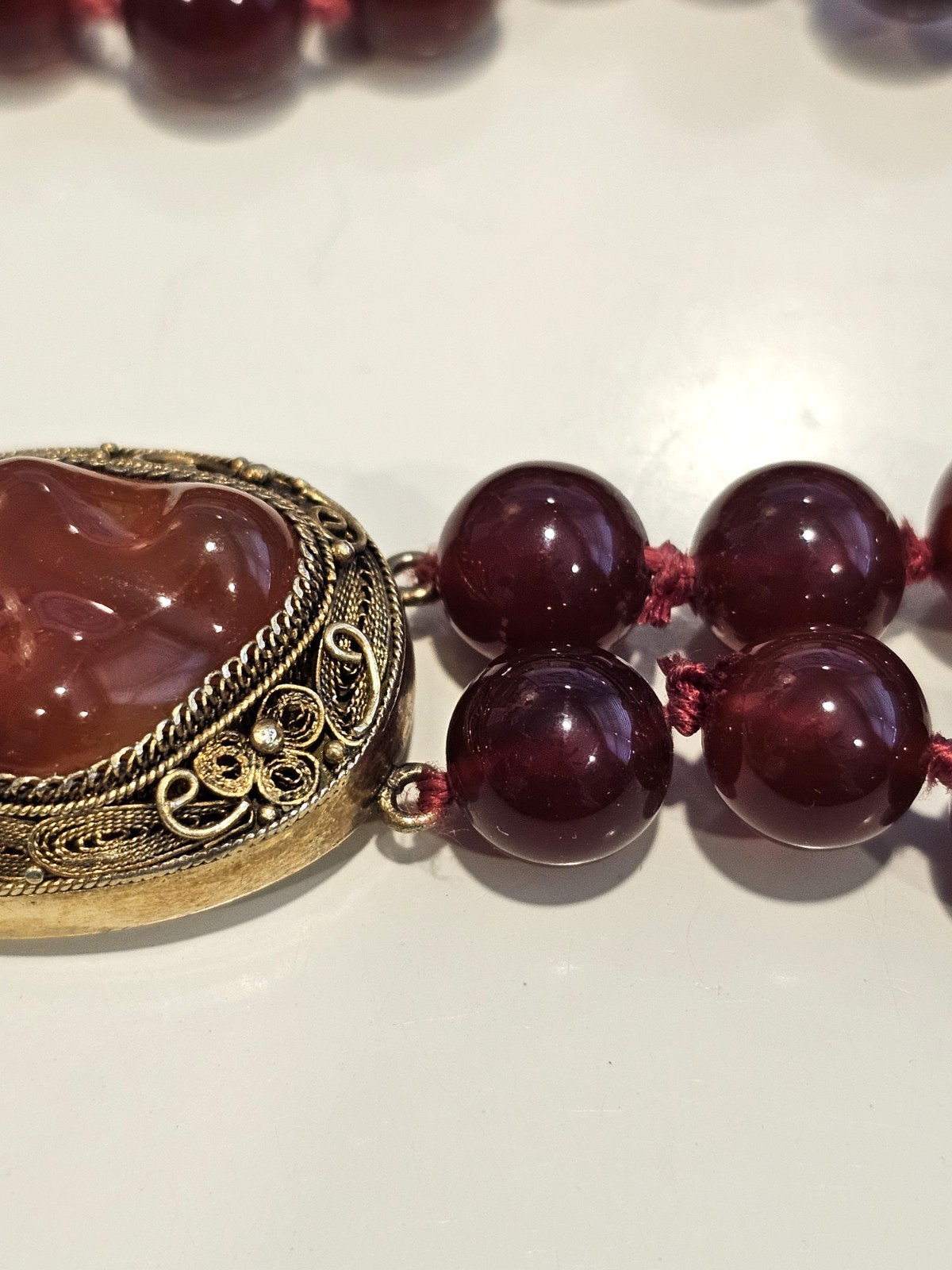 Vintage Carnelian bead necklace sterling gold wash filigree clasp