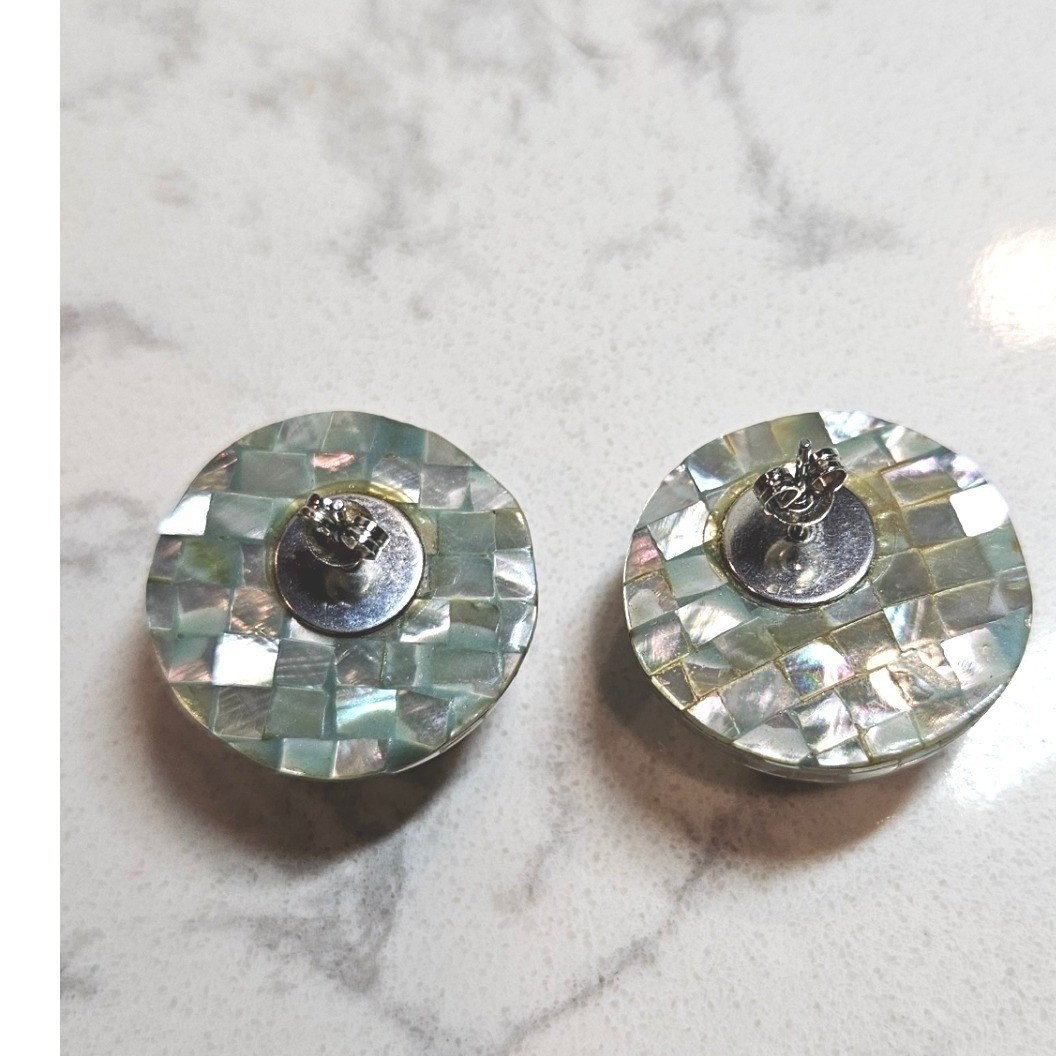 Vintage Abalone Shell Mosaic Stud Earrings Iridescent Green Round Dome Post Back