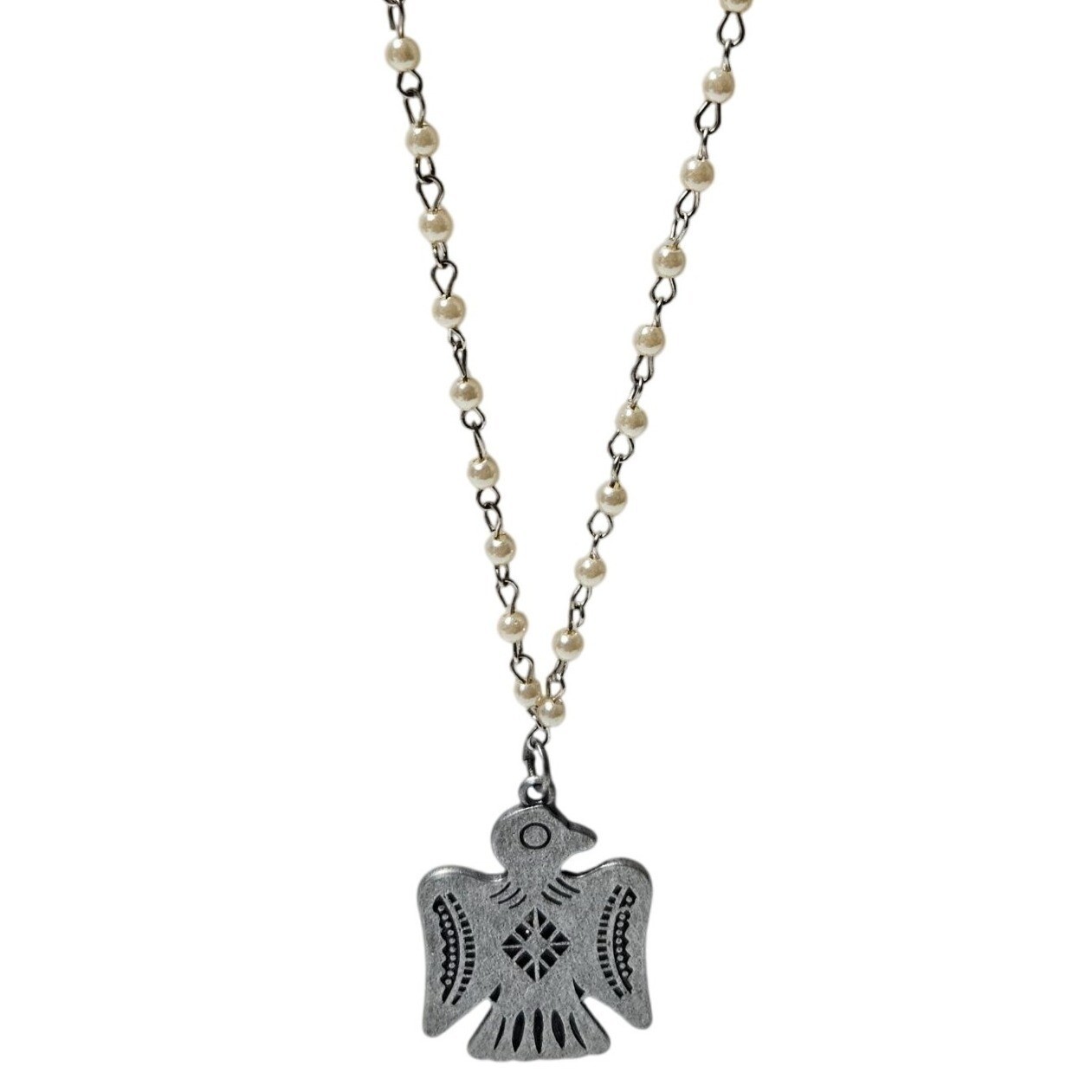 Vintage Silver Thunderbird Pendant Necklace Faux Pearl Beaded Chain Jewelry