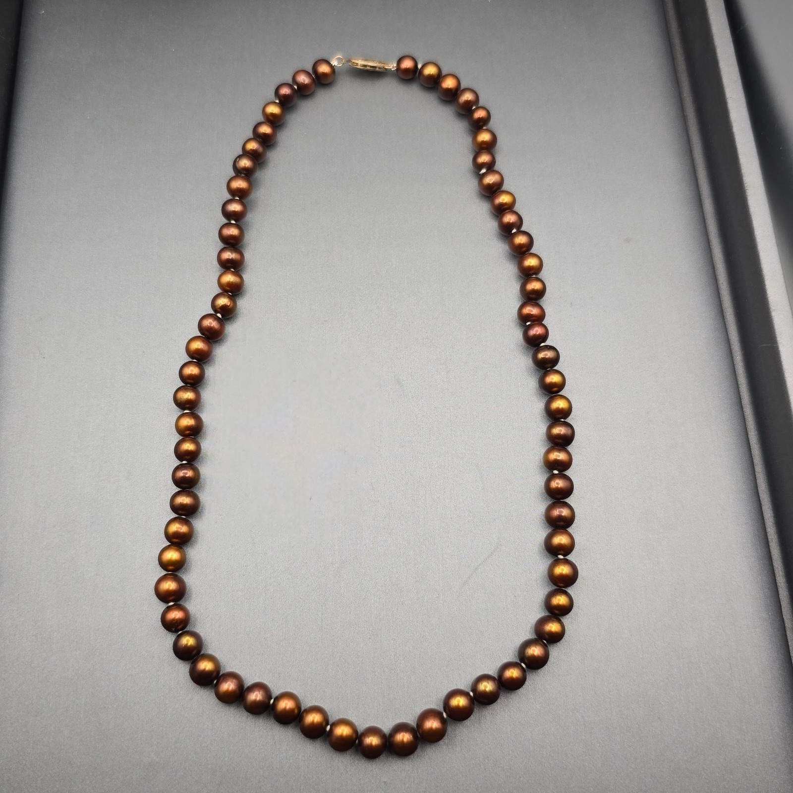 Vintage Bronze Cultured Pearl Necklace 10K Yellow Gold Clasp Hand Knotted 16″