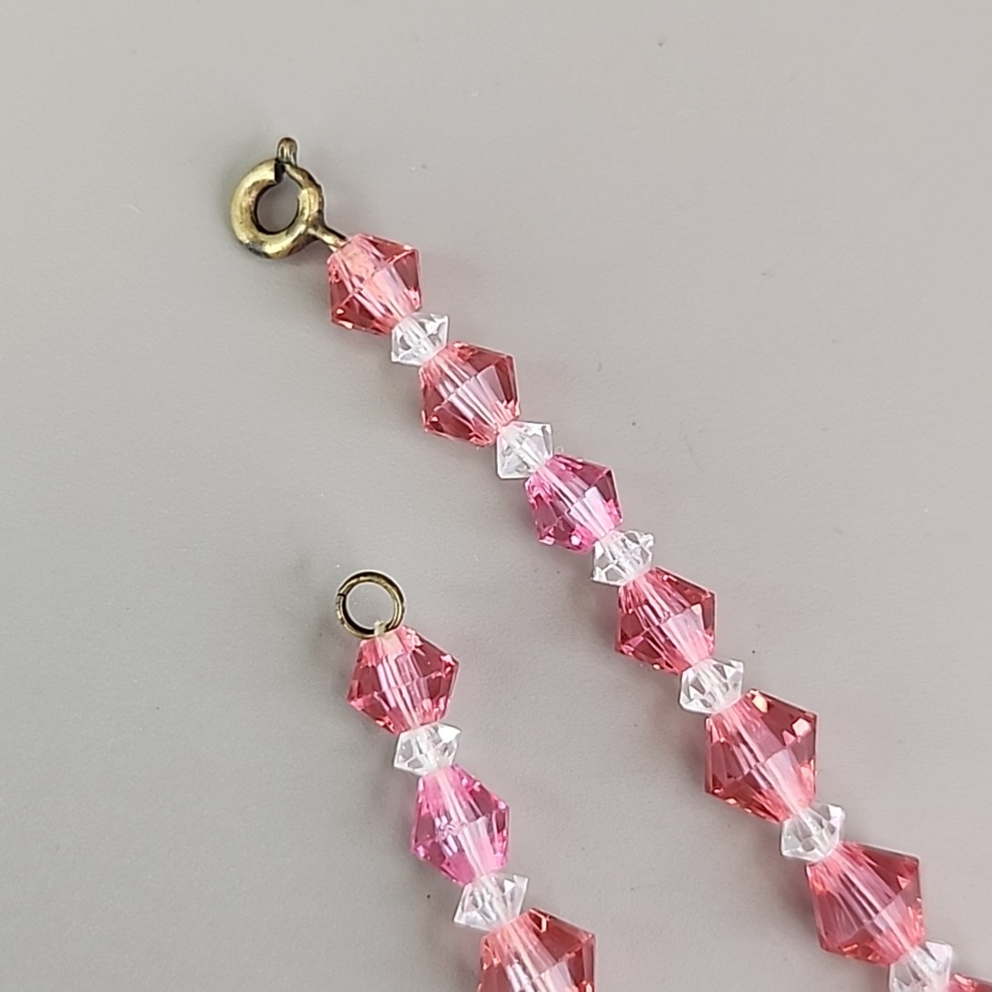 Vintage Glass Beaded Necklace Pink Bicone Graduated Short Choker 14″