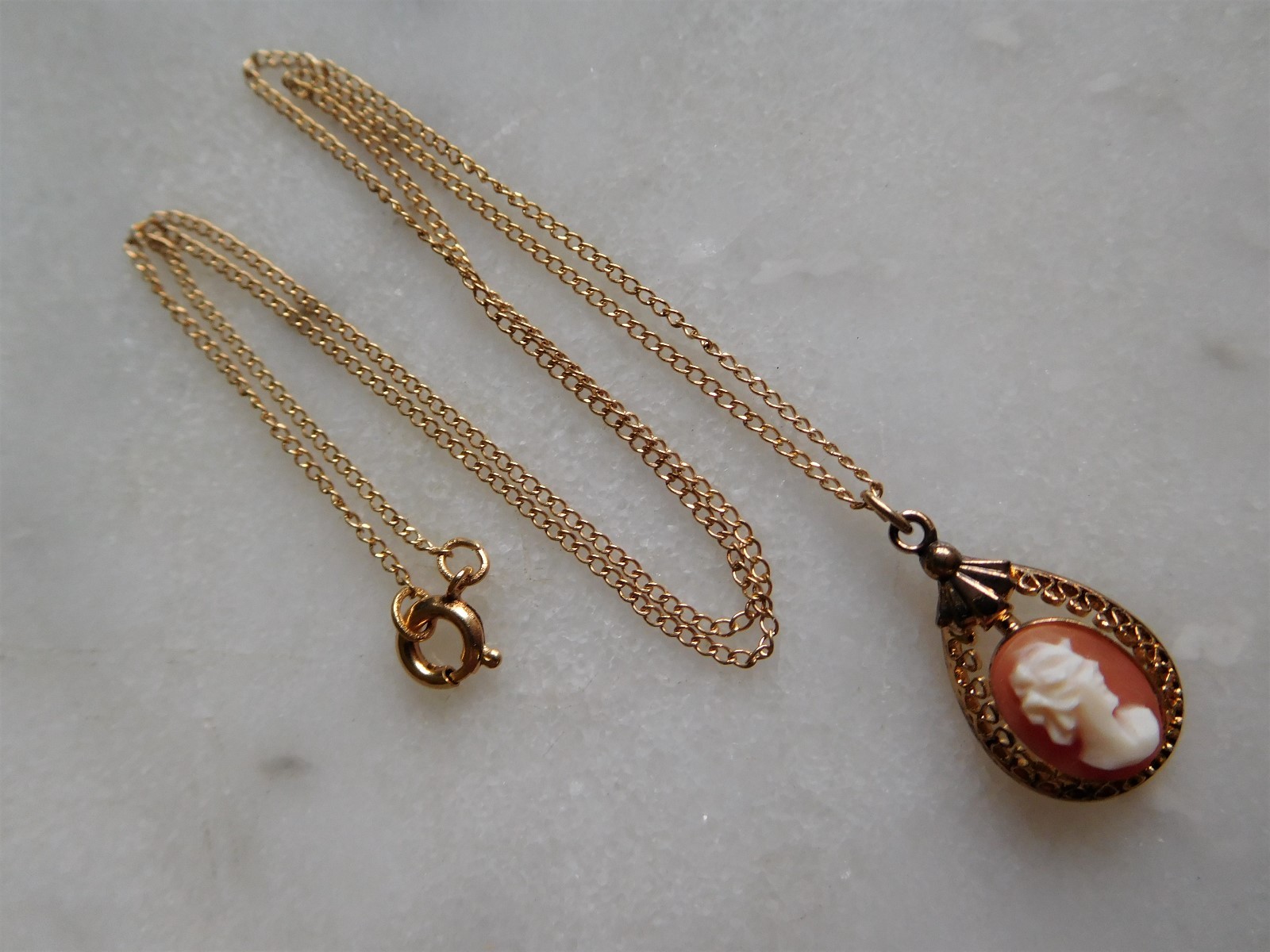Small Vintage Signed 1/20 12K GF Shell Cameo Pendant & Chain 15 1/4″ Long
