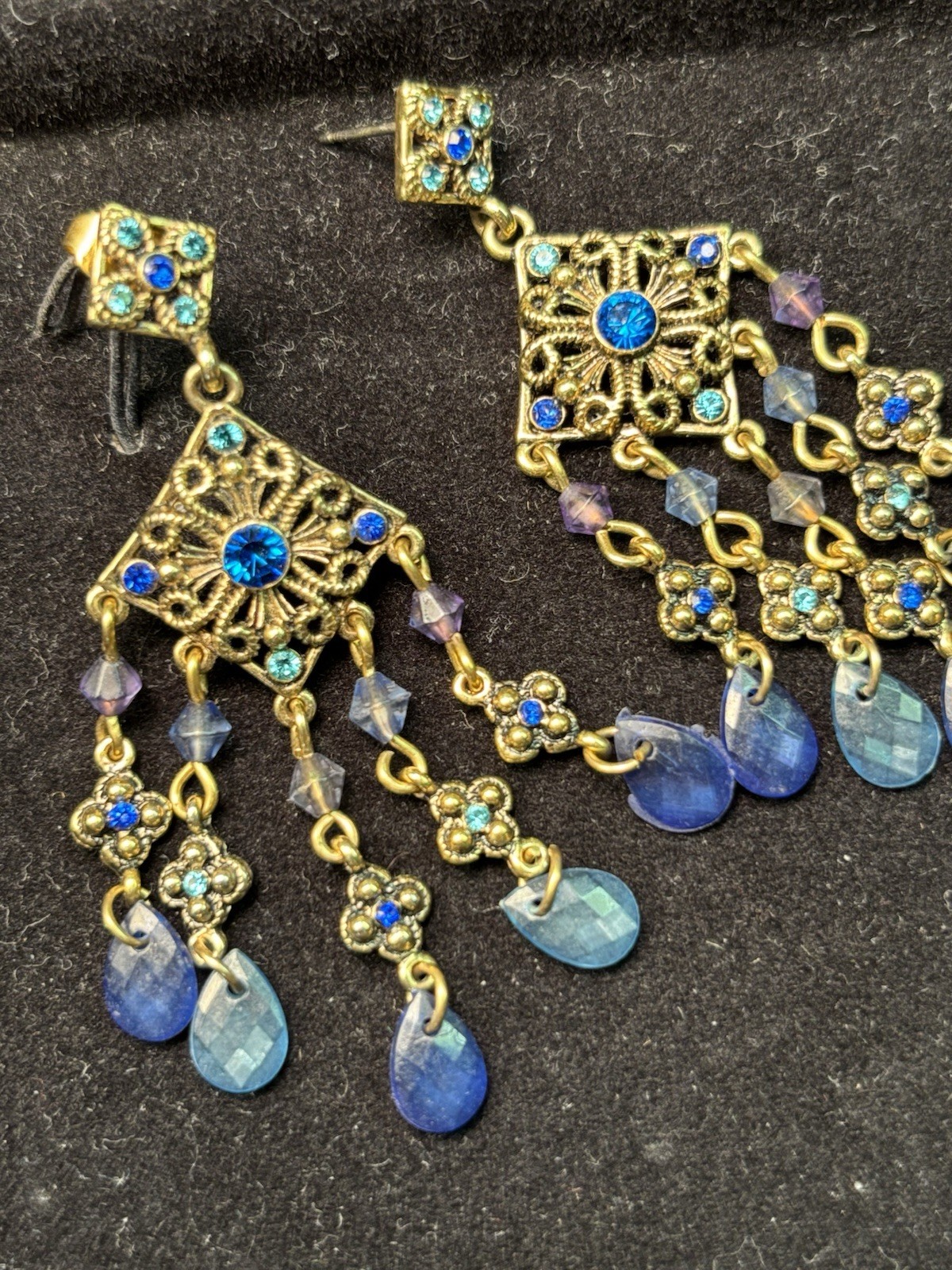 Vtg Avon Boho Blue Stones Purple Bead Dangle Earrings Pierced Gold Plated 2.25”