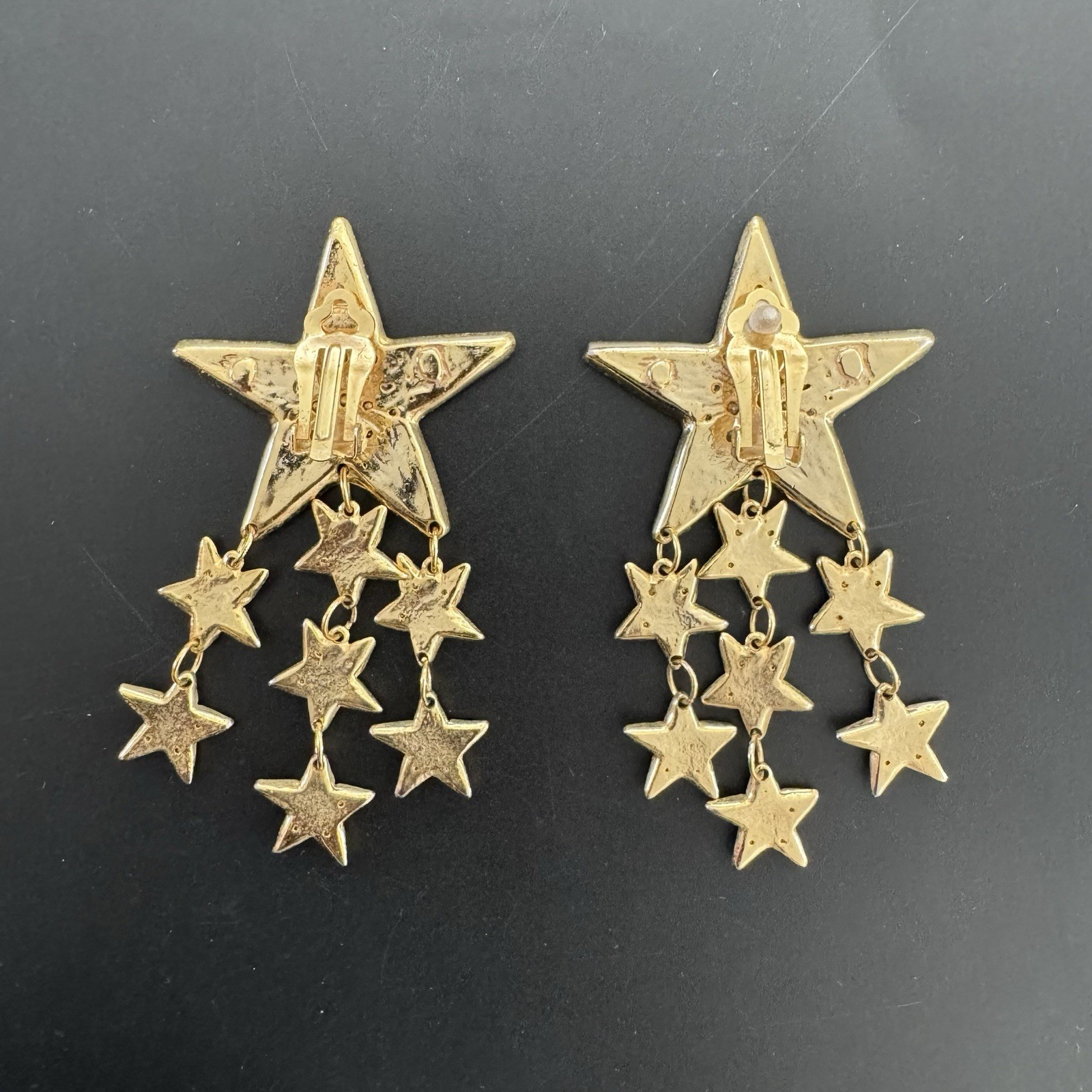 80s French Couture Austrian Pave Crystal Gold Tone Star Drop Runway Earrings