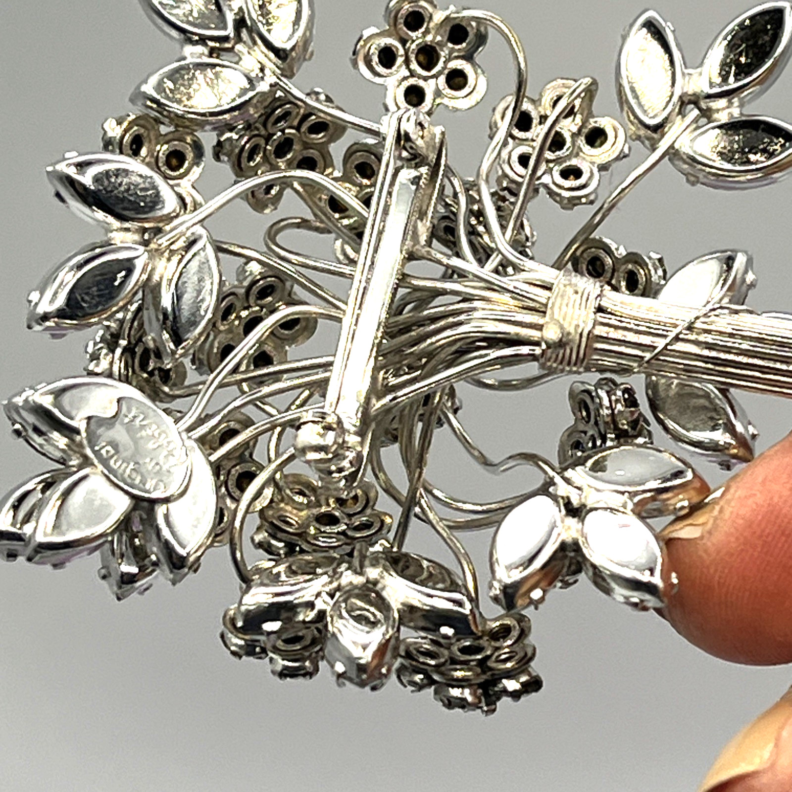 Original By Robert Brooch Bouquet of Flowers Rhinestone Brooch Silver Tone 3.5″