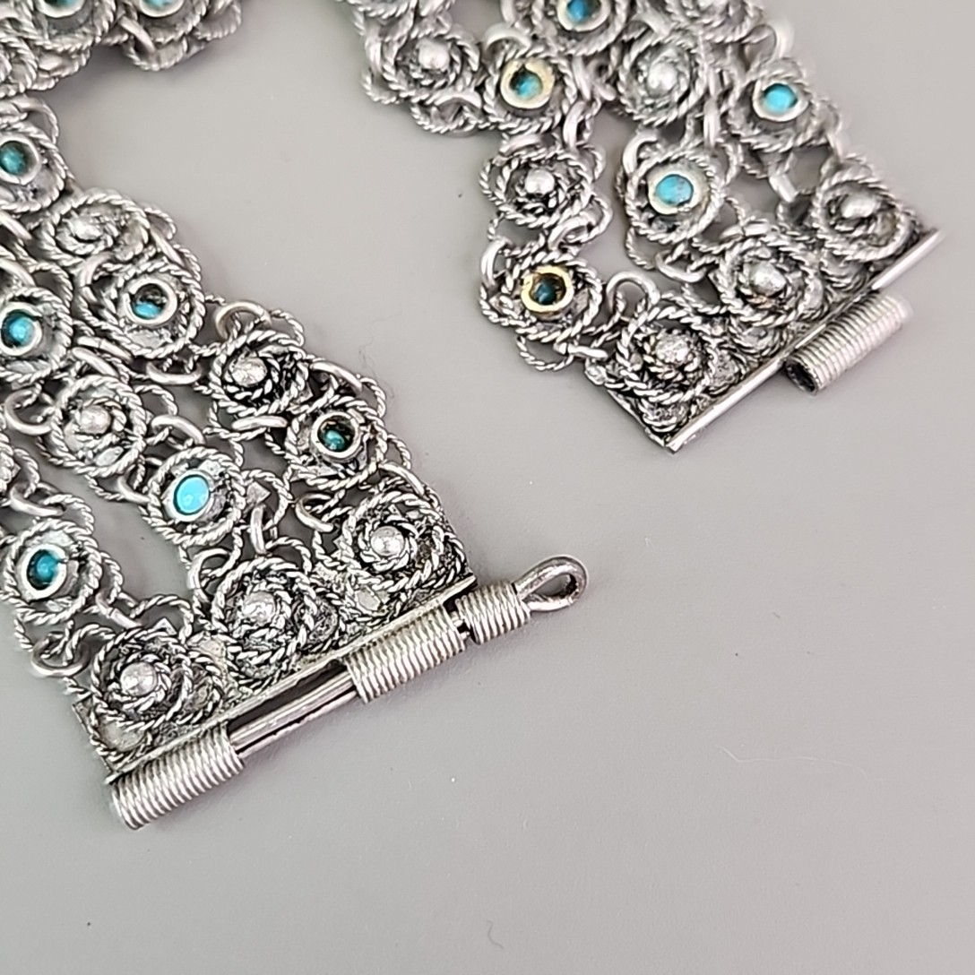 Vintage Cannetille Bracelet Blue Bead Silver Tone Chain Slide Clasp Filigree 6.5