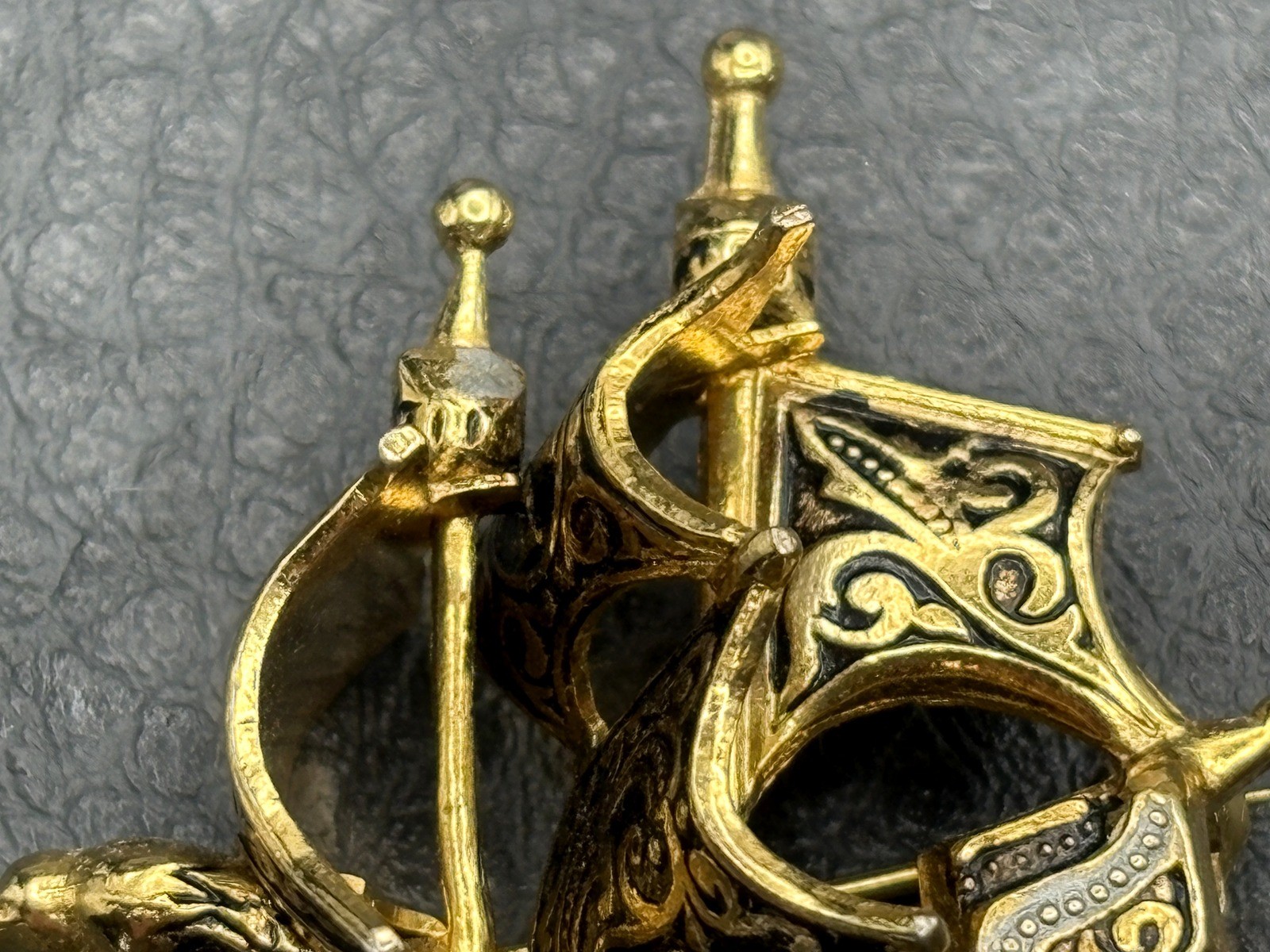 Vintage Spanish Damascene Galleon Ship Brooch Gold Tone Silver Sailing Vessel