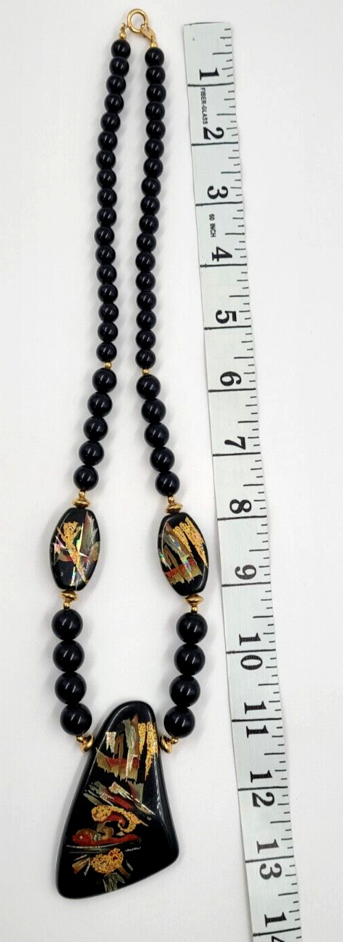 Vintage Asian Hand Painted Black/Gold/Red Lacquer Necklace Made in Japan