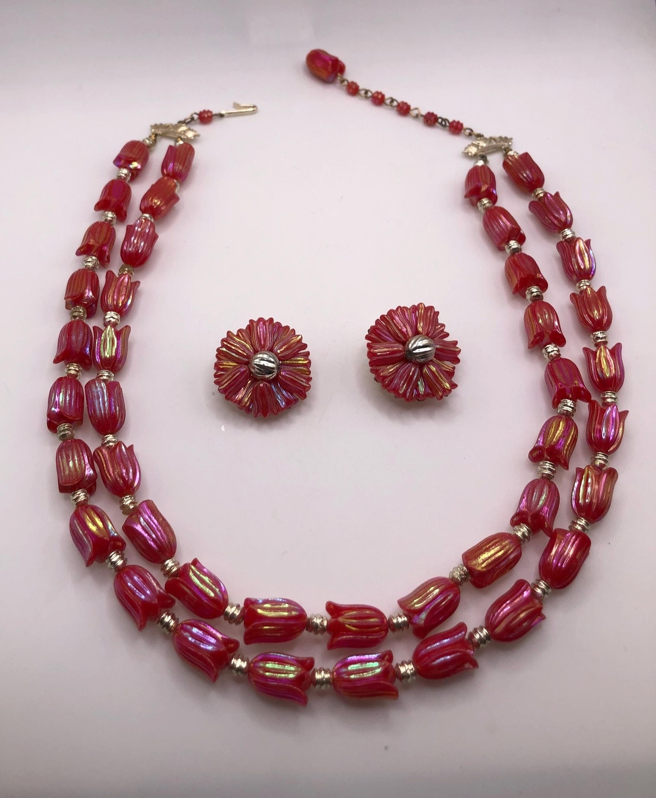 Vintage red iridescent tulip bead two strand necklace and earrings