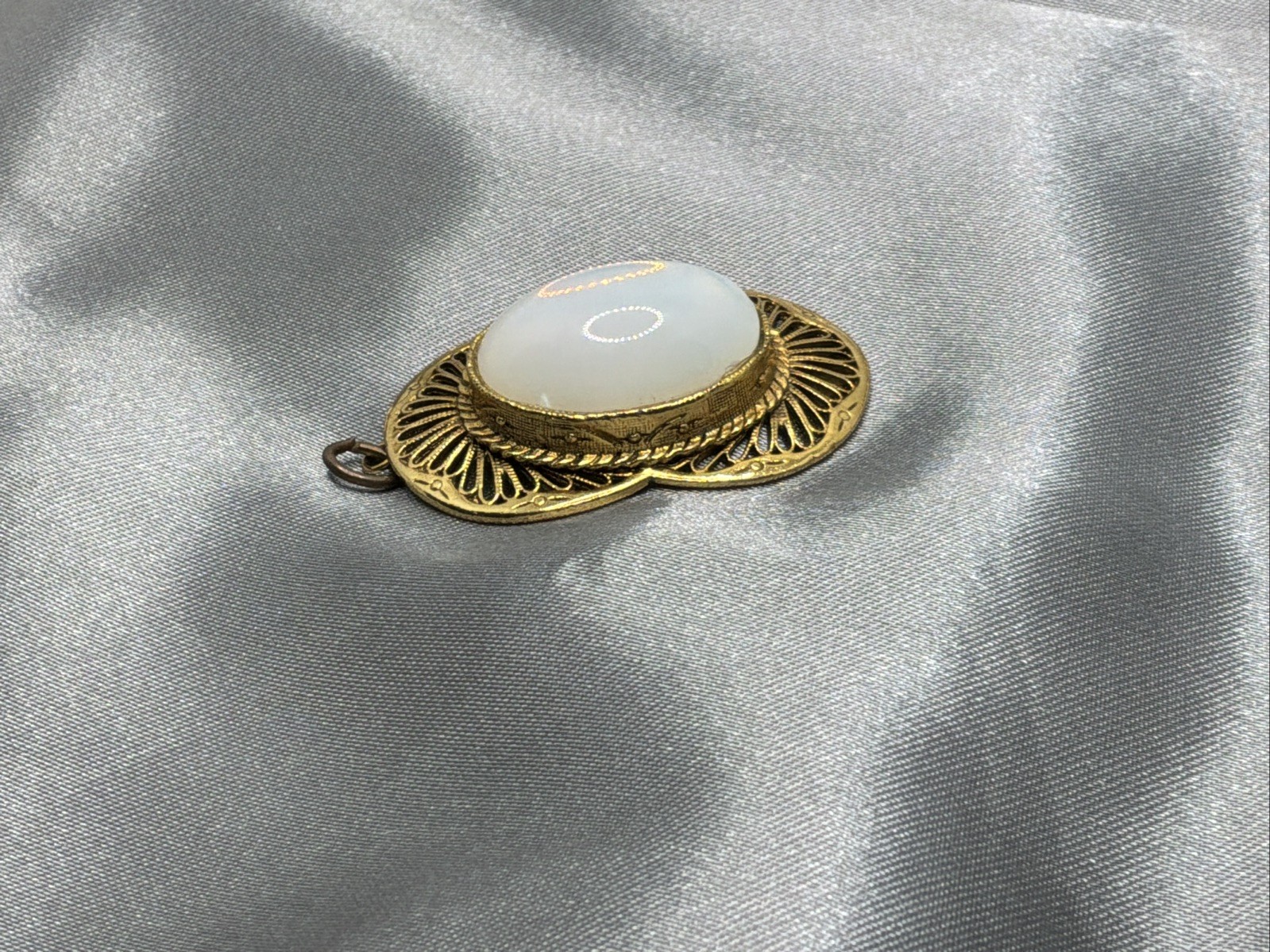 Vintage TACOA Pendant Opalescent Cabochon Stone Gold Tone Filigree Signed READ!