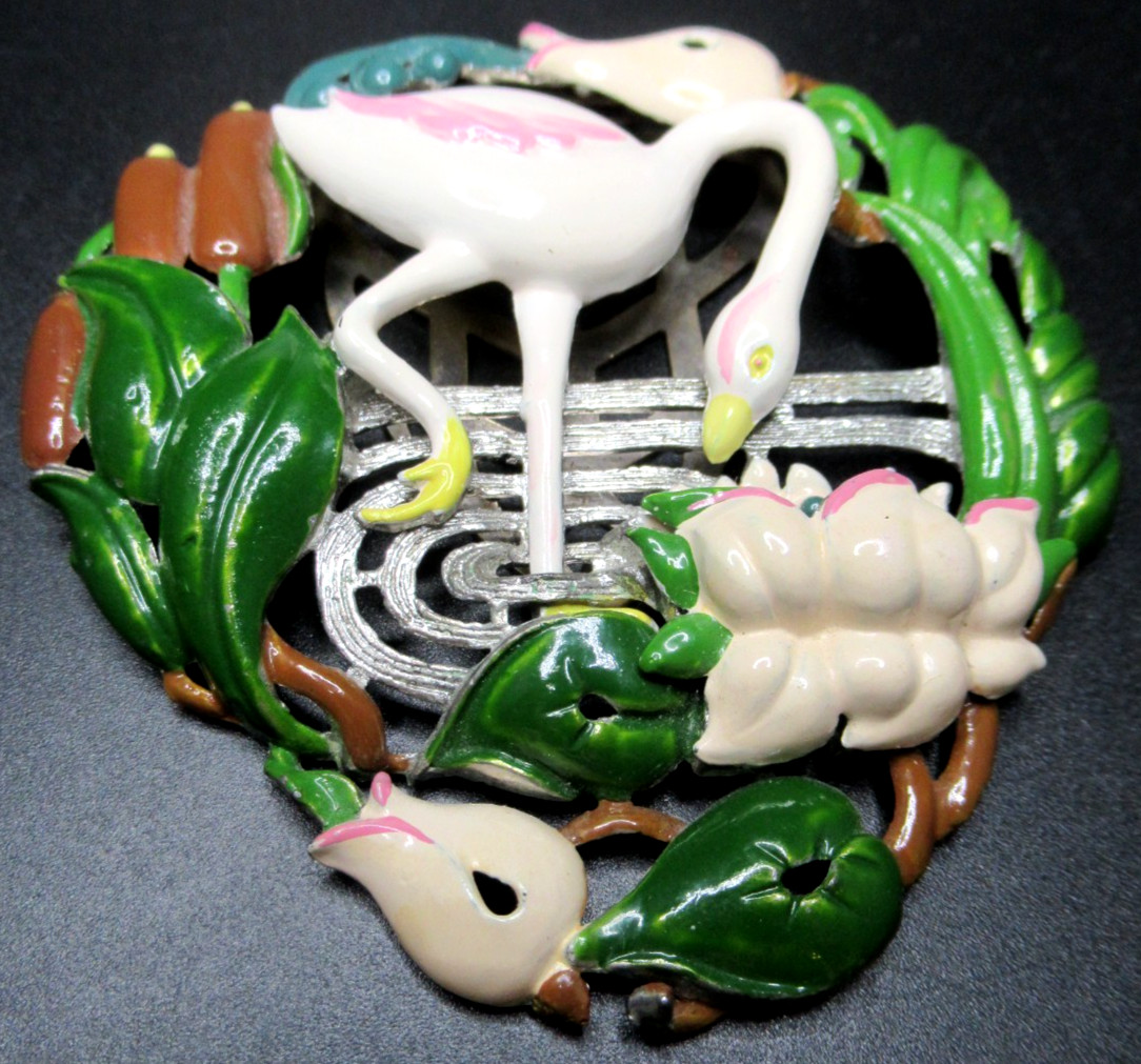 Amazing HUGE Enamel Bird in Pond Garden Vintage Dress Clip