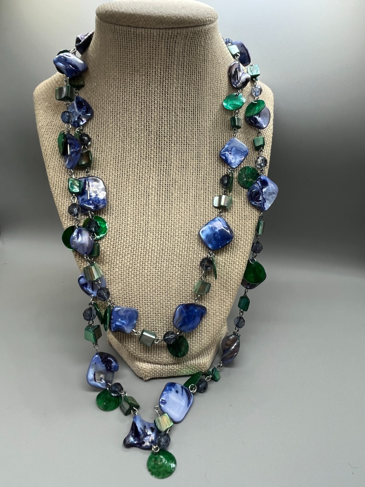 vintage blue Boho Abalone shell Beaded 2 strand 28″ necklace bl02