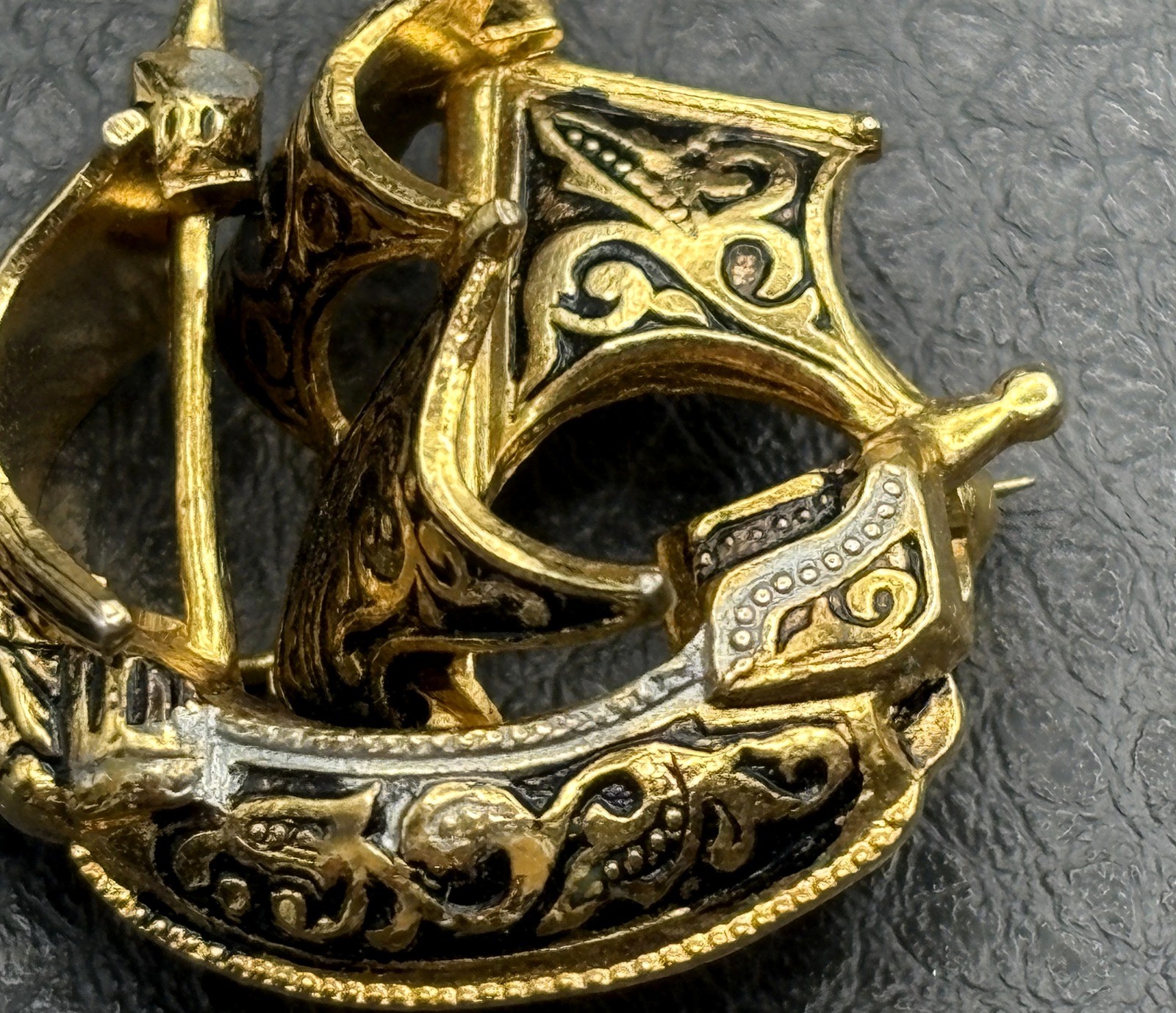 Vintage Spanish Damascene Galleon Ship Brooch Gold Tone Silver Sailing Vessel