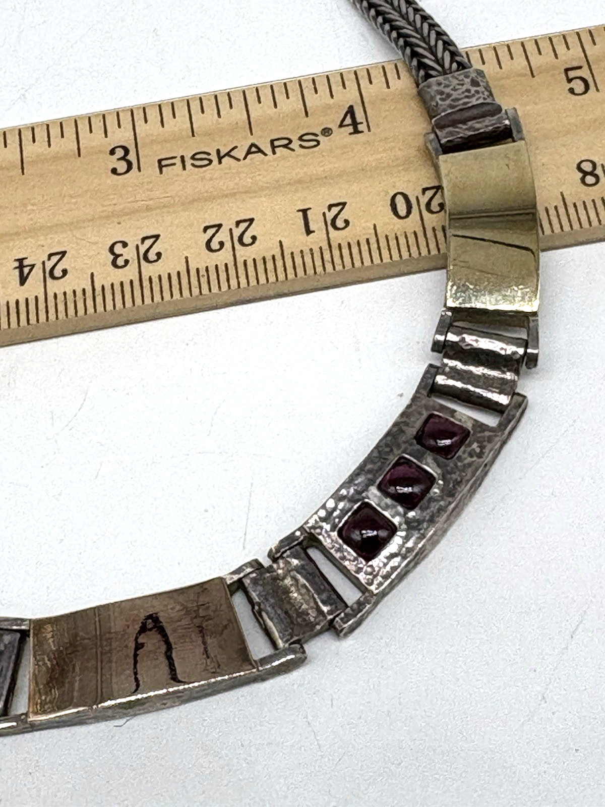 Italy Necklace Modernist Garnets Red Mesh Chain Sterling Silver Gold Plate Heavy