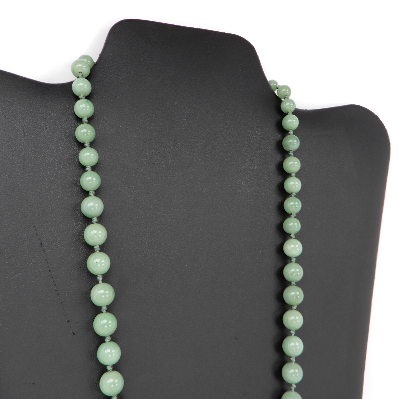 Vintage Green Jade Knotted Graduated Bead Necklace 23” 925 Silver Filigree Clasp
