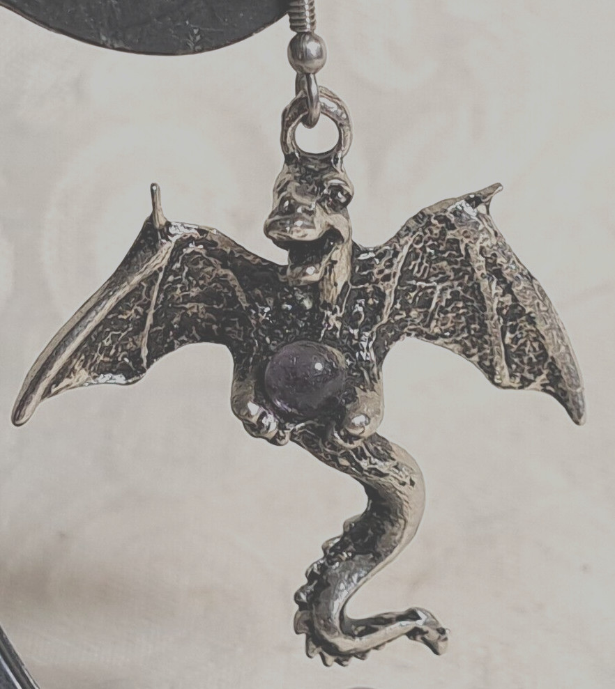 Vintage Fine Metal Dragon Serpent Pierced Earrings Purple Crystal Ball 2.25×1.5
