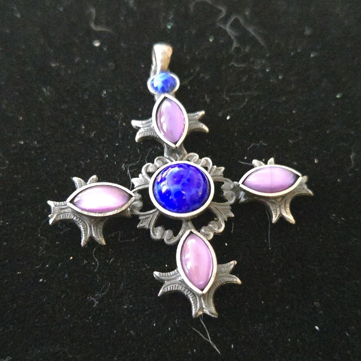 Silver Cross Purple Blue Gemstone Charm Pendant Bezel Setting Vintage Style