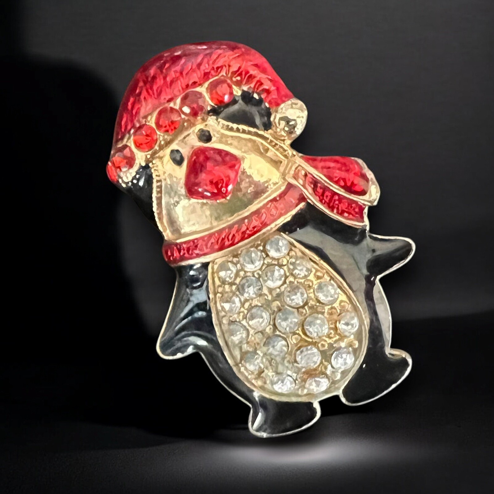 Penguin Christmas Brooch Red Enamel Hat Rhinestones Gold Tone Vintage Holiday