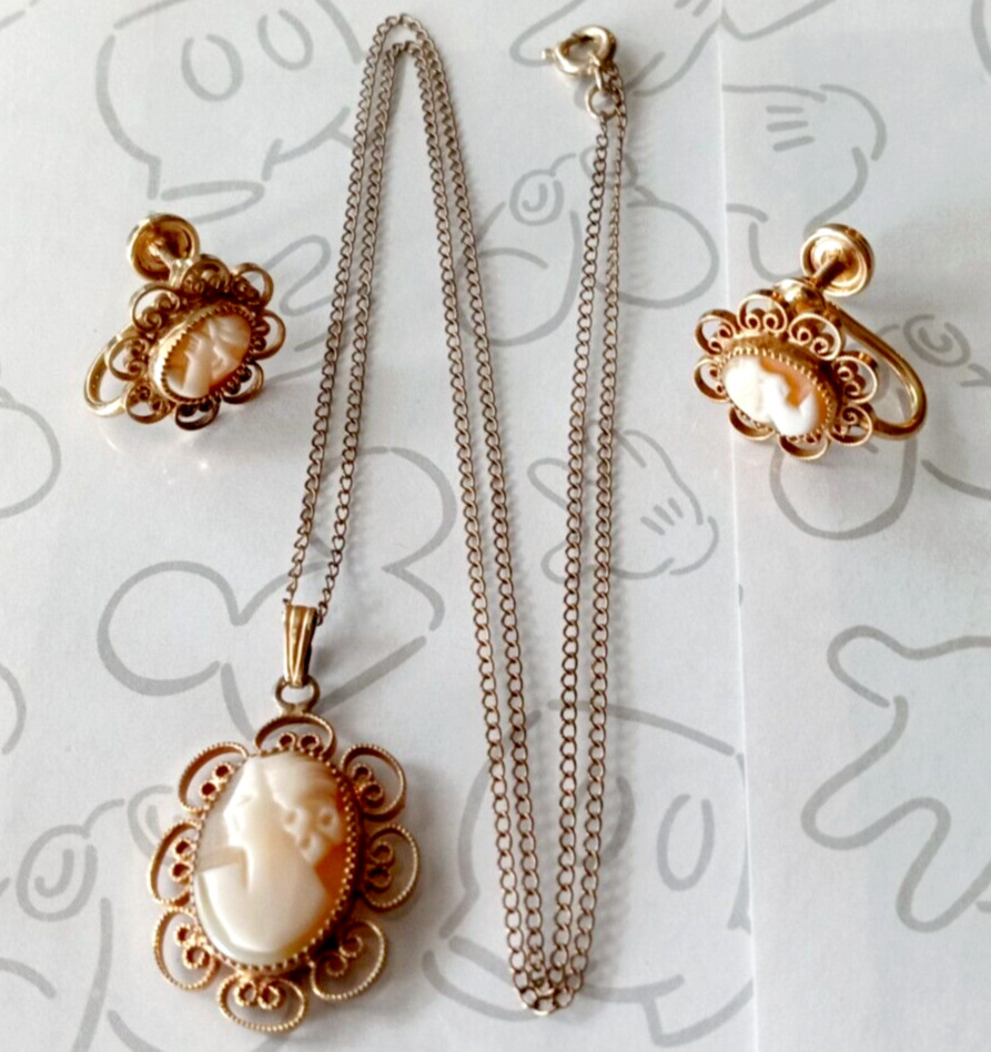 Cameo Screw Back Earrings and Pendant Necklace Set 1/20 12k Gold Filled