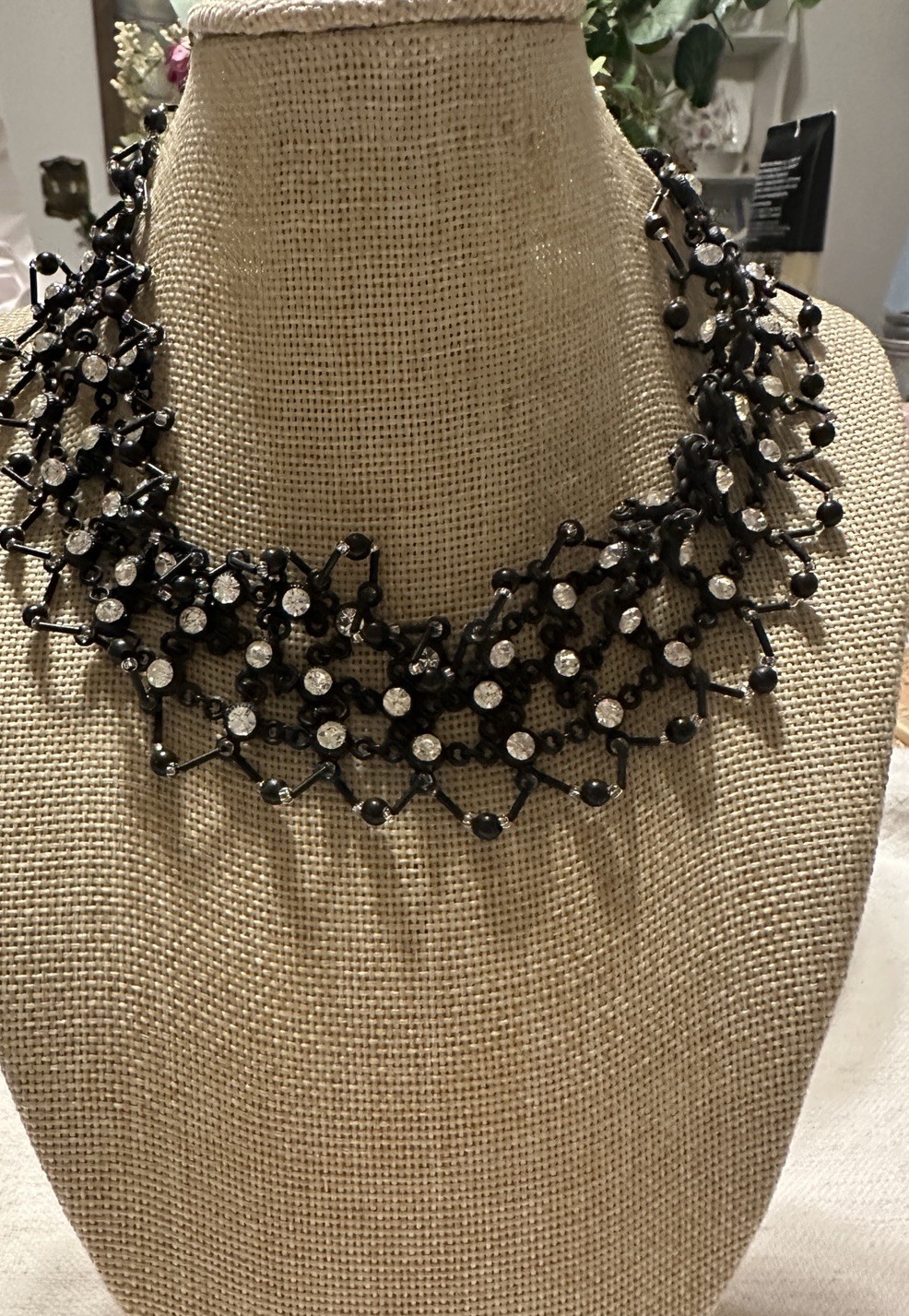 Miriam Haskell Necklace Black Clear Rhinestones Choker Bib Style Vtg MCM Old