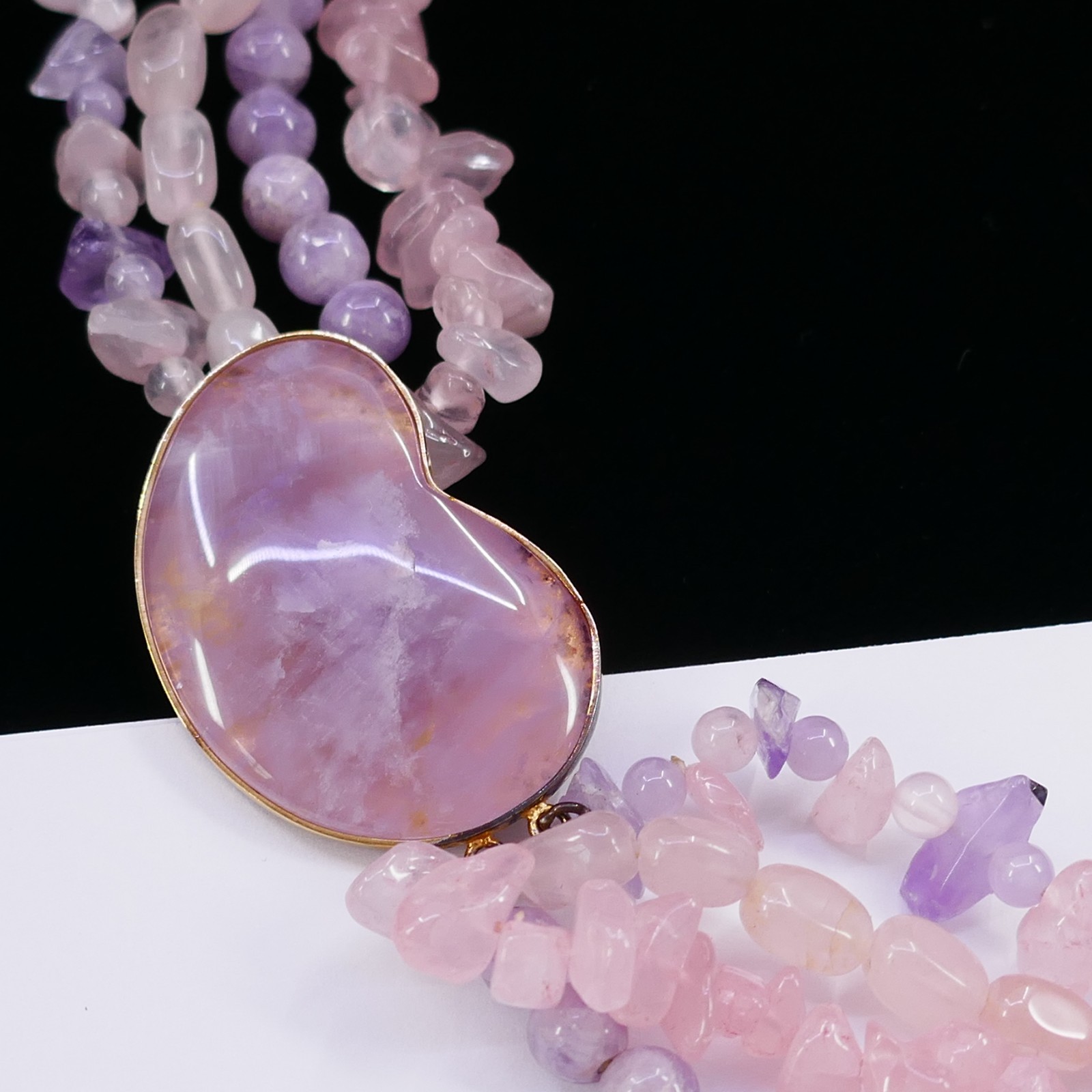 MULTISTRAND AMETHYST ROSE PINK QUARTZ GEMSTONE CHIP TORSADE BEAD NECKLACE