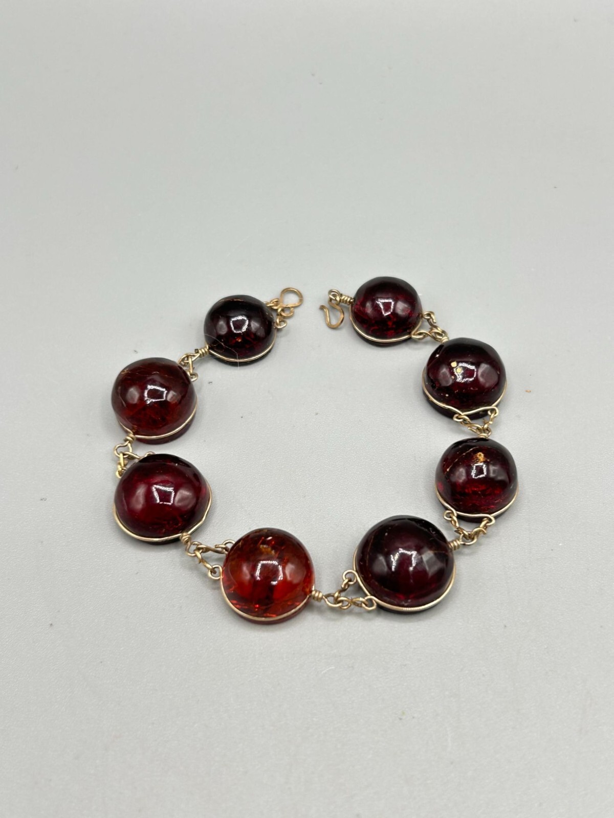 Wire Wrapped Genuine Amber Bracelet with Gold Tone Wire & Clasp Round Stones