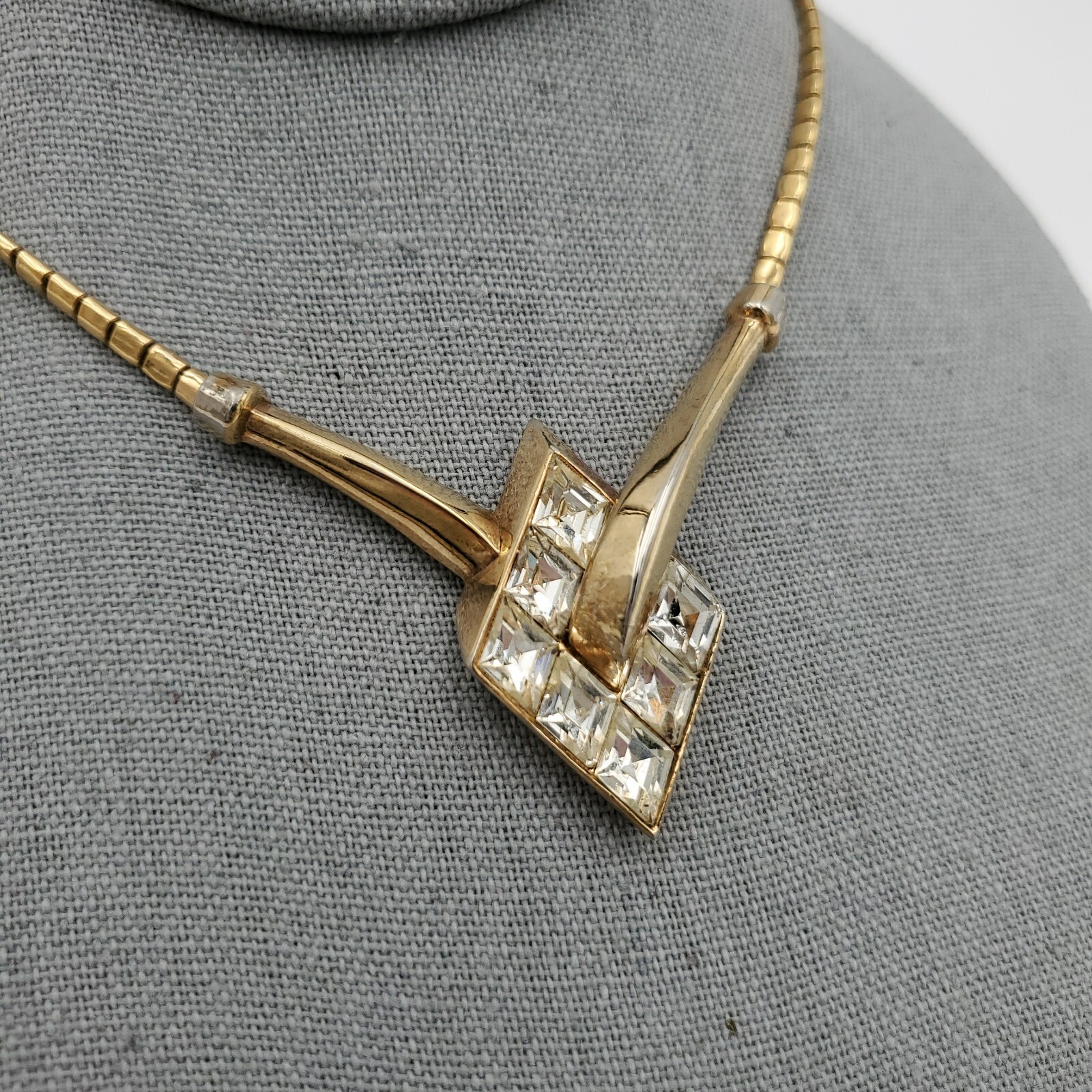 Trifari Alfred Philippe Gold Necklace Clear Rhinestone Lozenge Choker Channel