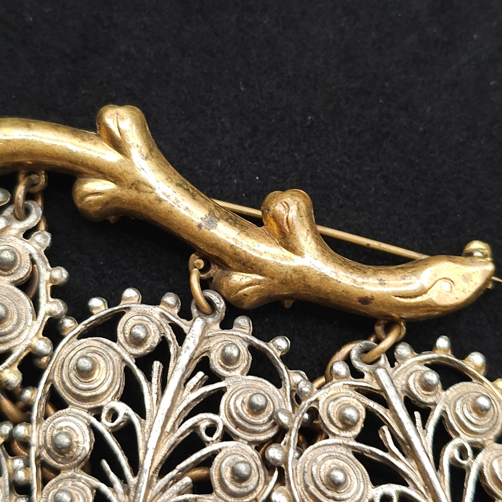Vintage Filigree Dangle Leaf Brooch Statement Nature Gold & Silver Tone Ornate