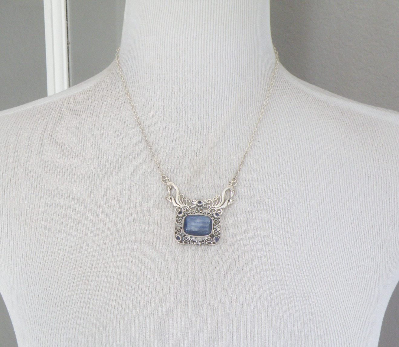 Sterling Silver 925 Natural Kyanite Iolite Art Nouveau Style Necklace 18″